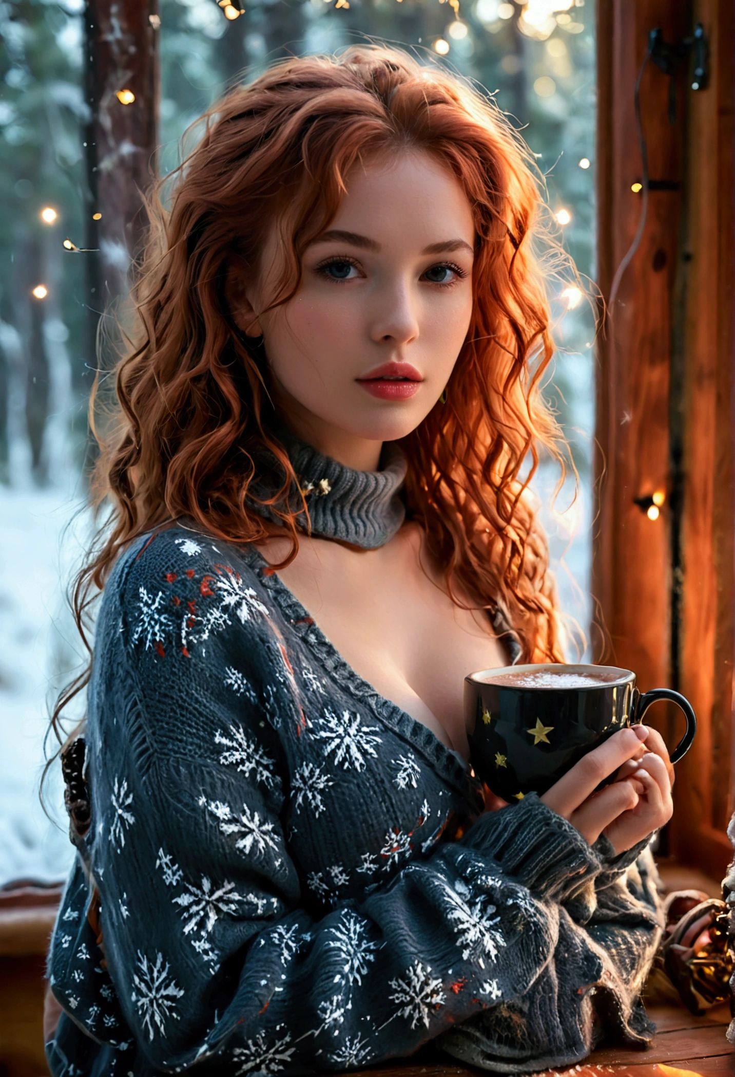 An ultra hot beautiful european woman, age 23, red wavy hair. she's a playmate with natural medium breasts, men magazine model, enjoying a cozy evening at the fireplace in a wooden cabin. She wears a turtleneck winter color wool sweater with cleavage and tight shorts. Trough the window, winter starry night. Northern lights, Perfect ???????, perfect hair, perfect breast, perfect body, perfect hands, perfect face, UHD, retina, masterpiece, accurate, anatomically correct, textured skin, holding a cup of steaming hot chocolate in her hands