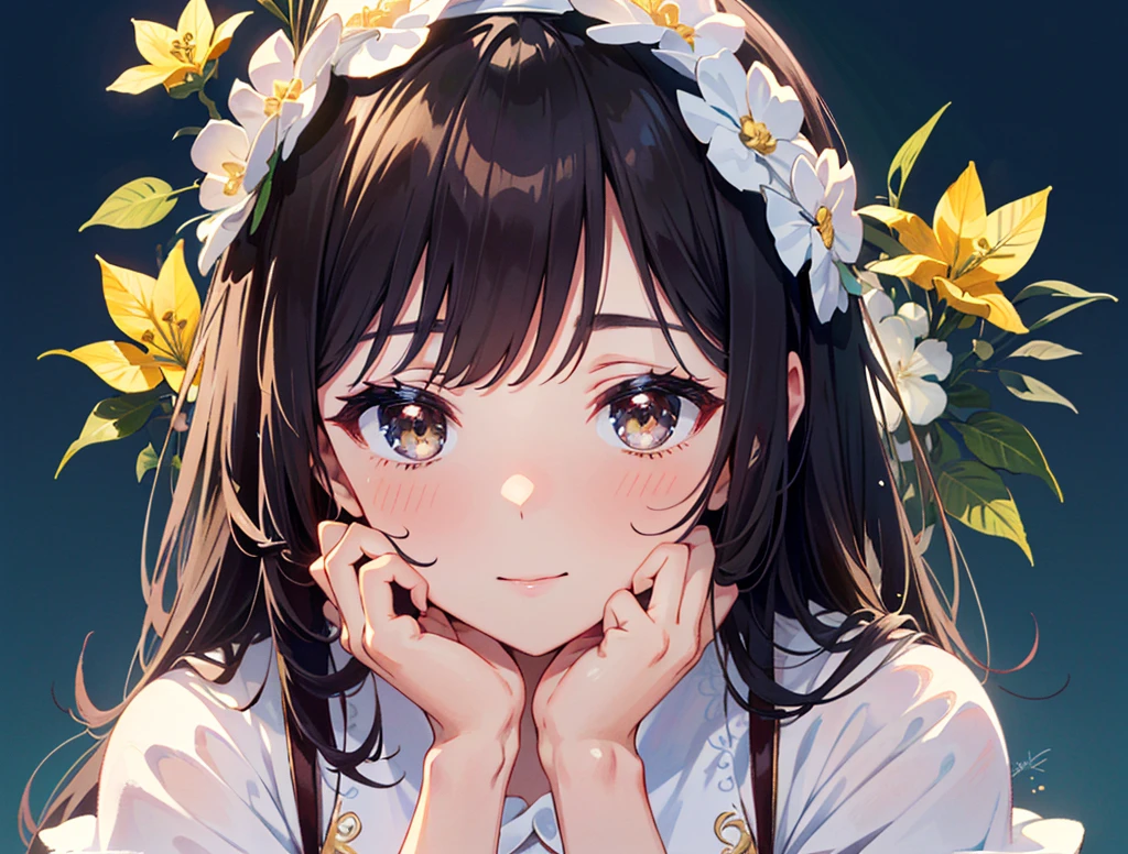 (((Super Masterpiece, Super High Definition, 16K, Very Delicate and Beautiful))))), (((Masterpiece, Highest Quality, 8K, Clear and Detailed, Very Clean and Clear))), Very Beautiful young woman, dress (white dress, beautiful flower embroidery, beautiful dress, cute dress), big breasts, long hair , bangs, beautiful brown), (beautiful face: 1.2), gentle smile, tender gaze), Beautiful woman with her chin rest on her palm.