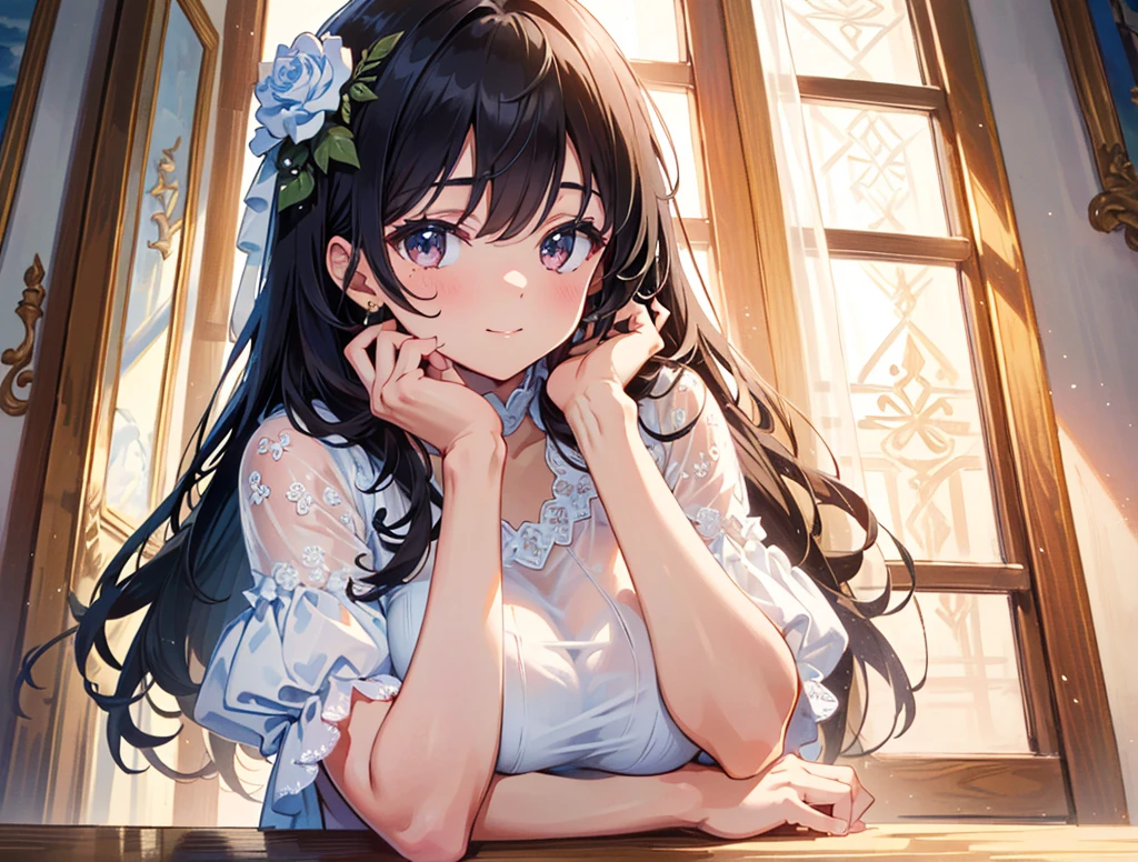 (((Super Masterpiece, Super High Definition, 16K, Very Delicate and Beautiful))))), (((Masterpiece, Highest Quality, 8K, Clear and Detailed, Very Clean and Clear))), Very Beautiful young woman, dress (white dress, beautiful flower embroidery, beautiful dress, cute dress), big breasts, long hair , bangs, beautiful brown), (beautiful face: 1.2), gentle smile, tender gaze), Beautiful woman with her chin rest on her palm.