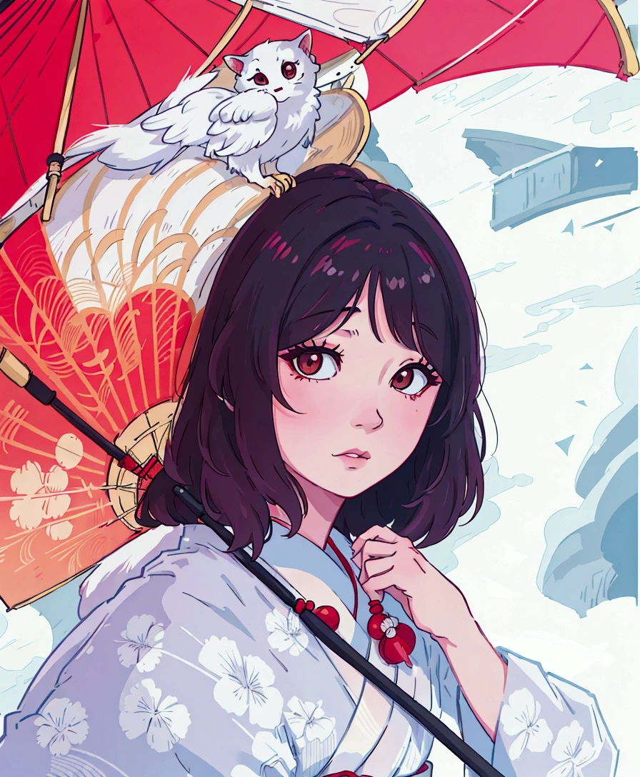 (best quality:0.8) perfect anime illustration, araffe asian woman in kimono with a red umbrella, in kimono, shikamimi, japaneese style, anime style mixed with fujifilm, japanese model, traditional japanese, white hime cut hairstyle, japanese style, japanese art style, beautiful japanese girls face, sakimichan, japanese kimono, shinsui ito, wearing kimono, japanic style, in a kimono
