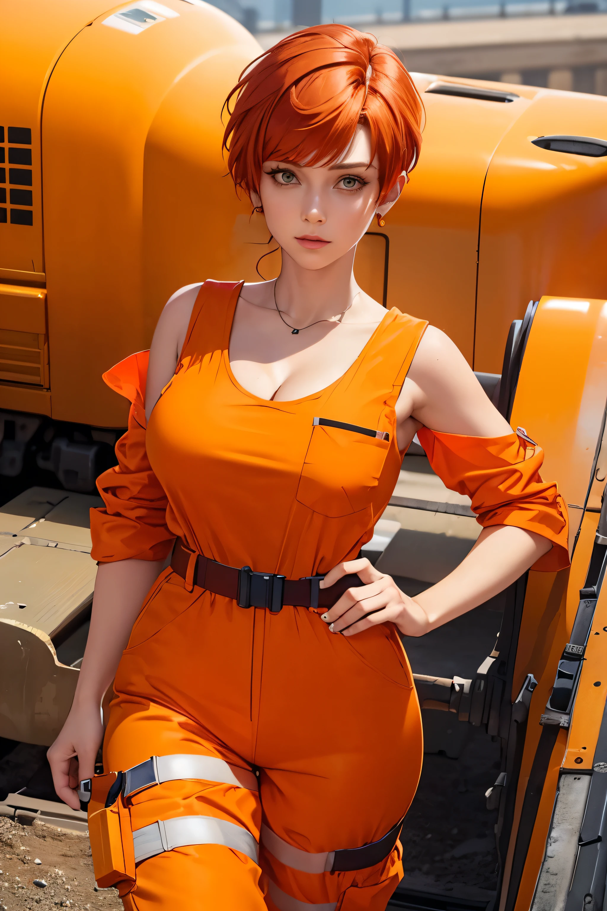 Woman, ((hair color [Dyed Bright Red hair], [pixie cut with bangs] hair)), ((Orange Work Jumpsuit)), ((Full Orange PPE)), (Reflective Safety Tape on Clothing), Baggy Clothes, Very Large Breasts, Cleavage, Working at Train Yard