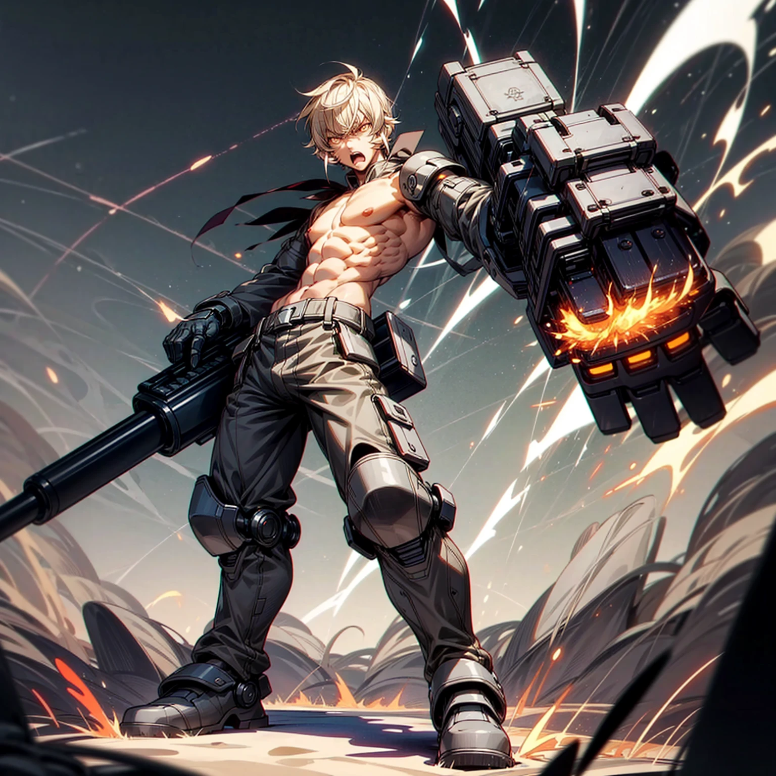 Solo character, full body version, man, very big muscle, yellow eyes, gray color hair, short Curly haircut, round eyes, topless, black cargo pants, white boots, detailed shadow, white background, standing battle gesture, Large mechanical arm, robotic hand, angry eyes, open mouth, angry, smoke effect, bazooka robot in hand, fire, field, electricity, lightning strikes, glowing eyes, very angry