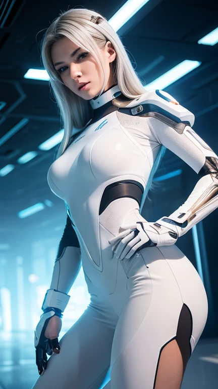 Depict a futuristic female cyborg with an elegant and sleek design. She wears a form-fitting white suit that blends seamlessly with her synthetic skin, giving her a clean and sophisticated appearance. Her mechanical parts, including a robotic arm and enhancements around her face, are intricately detailed and metallic, reflecting advanced technology. Her long, silver hair is tied back, and she holds a futuristic weapon, hinting at her role as a protector or enforcer. The background is a high-tech environment, emphasizing a sterile and futuristic aesthetic