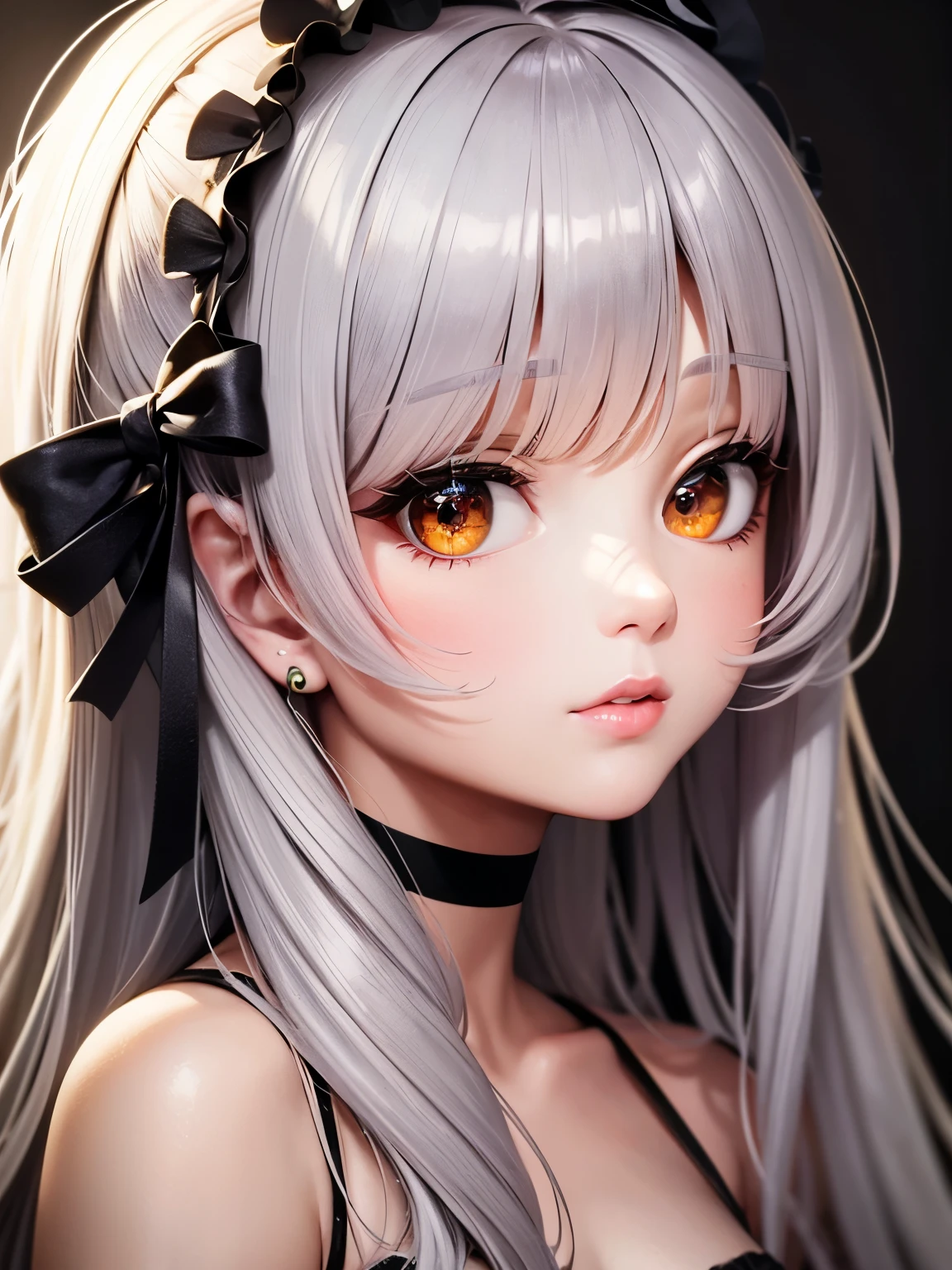 cute, ultra-detailed, figure, Complex, detailed, extremely detailed, detailed face, Soft Lighting, Soft Light, Soft Focus, Perfect Face, beautiful, Accurate anatomy, Exposure, 8k, 4K, (High resolution:1.1), Highest quality, (masterpiece:1.3), One girl, alone, jewelry, Brown eyes, View your viewers, Earrings, Grey Hair, bangs, choker, Mouth closed, Portraiture, clock, hair ornaments, Simple Background, Gray background, Long Hair, Headrest, lips, hair bow, black choker, bow, eyelash