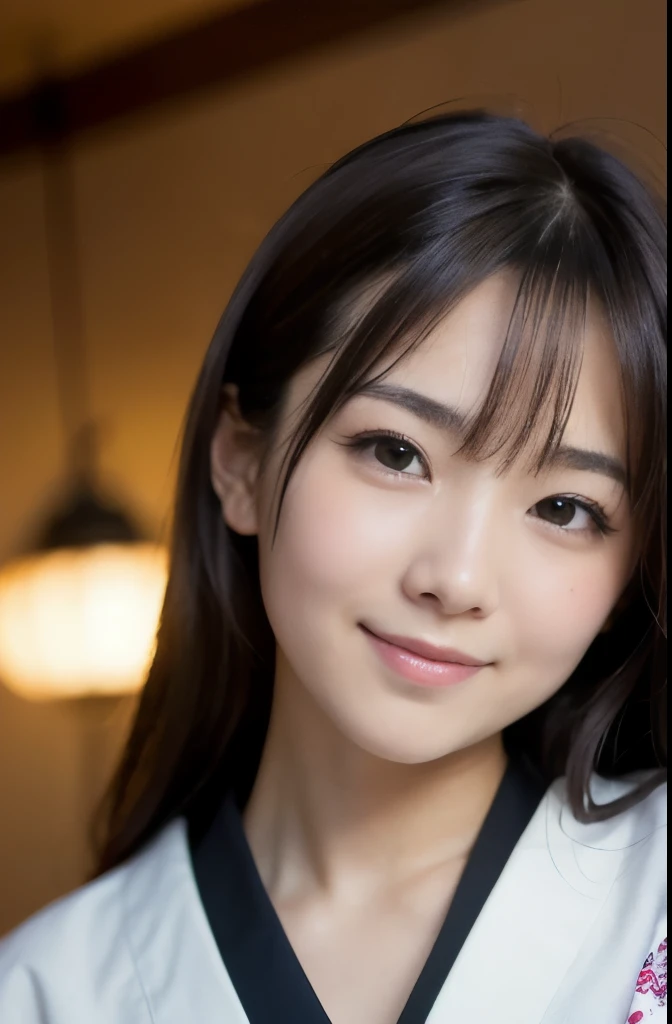 best quality, face focus, soft light, ultra high res, (photorealistic:1.4), RAW photo, Shinozaki Ai, white skin, 
1 Japanese girl, solo, cute, kawaii, smile, (pupil, lights in the eyes),  detailed beautiful face, busty,(high resolution detail of human skin texture),(long hair),(portrait), upper body, white traditional kimono, indoor,