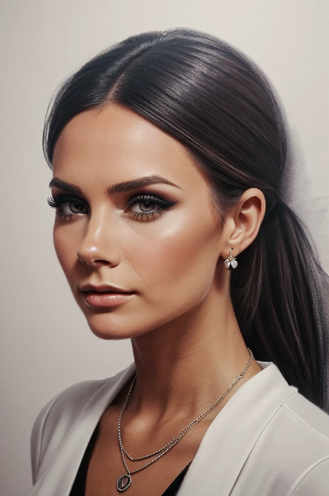 makeup, mascara, simple color palettes, woman 25 years old, stylish, Clean, sharp designs, charcoal drawing, portrait, headshot, beautiful woman, earring, necklace, portrait, pencil drawing portrait, [victoria beckham]