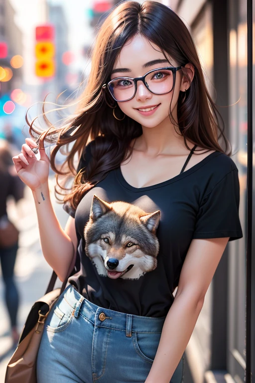 cute、One girl in her twenties、Long Wolf、High brown hair、T-Shirts、denim、Sparkling、smile、Thin black glasses、high resolution、Real、4K.8k.