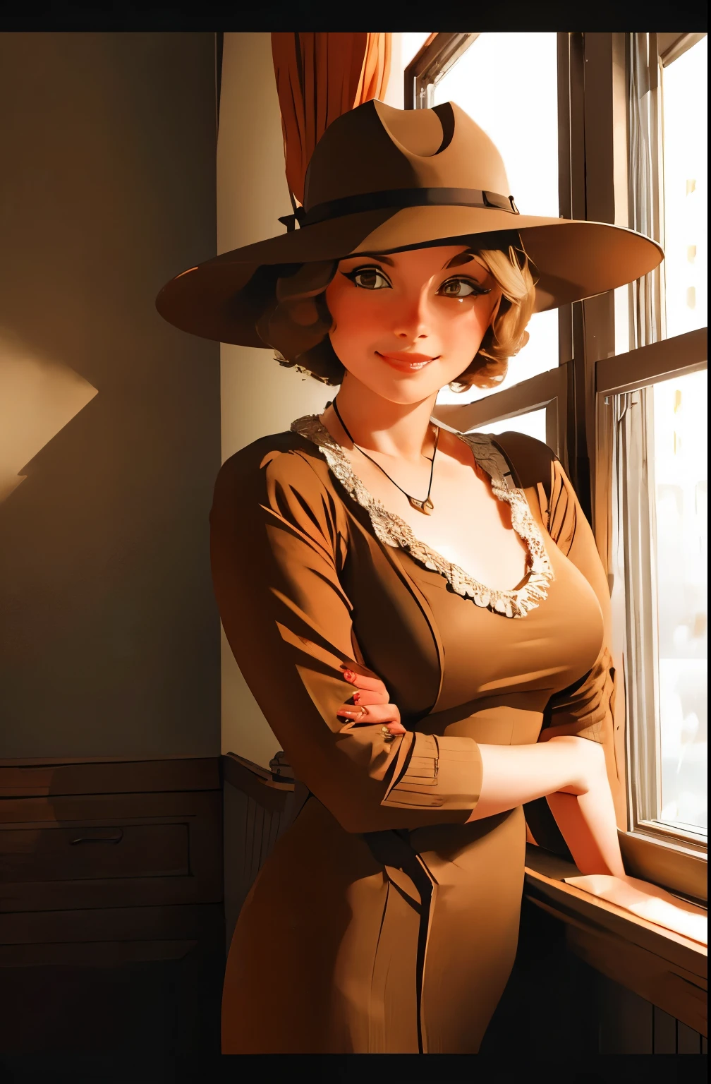 a woman in a brown dress and hat standing by a window, 1930s style clothing, dressed like in the 1940s, vintage fashion, vintage clothing, 1 9 2 0 s cloth style, brown clothes, 1 9 2 0 s clothes, vintage dress, classic portrait, portrait shot, victorian inspired clothing, 1 9 2 0 cloth style