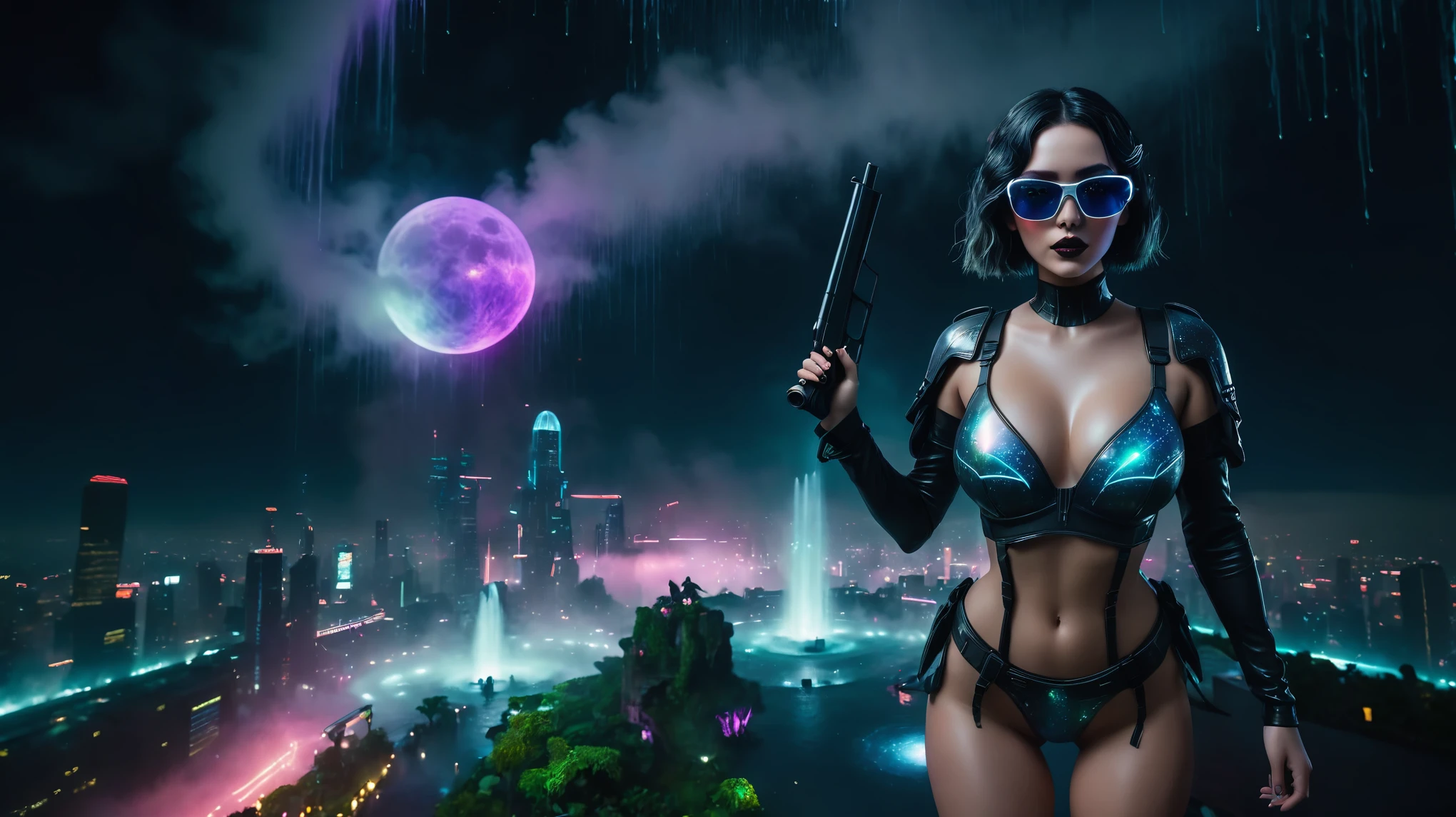 At night, aerial view of a mysterial sky garden, horror dark statue, a holographic cyberpunk city in the background with flying vehicle, fountain, waterfall, atmospheric fog, Matrix style, (1girl, solo), large-breast:1.3 D-cup slim:0.9 body, cleavage:1.3, seductive costume, (mini VR sunglasses), (((holding a pistol))), standing, half-body thigh level medium shot, depth of field, cinematic lighting, ray tracing.