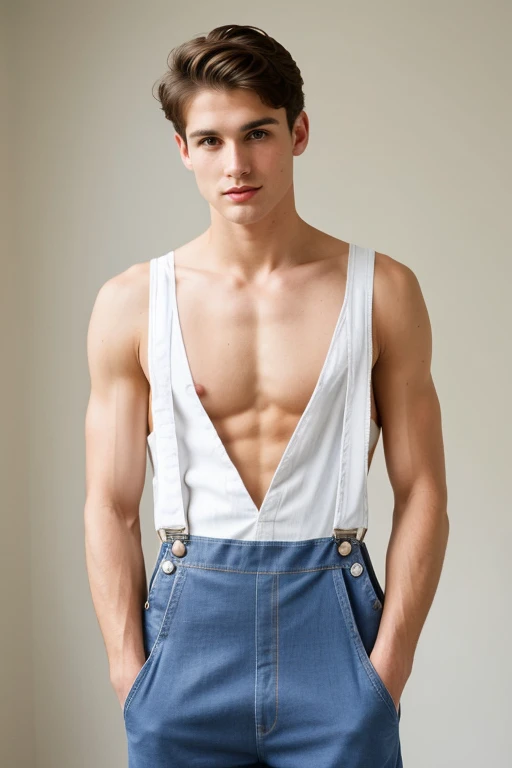 Young handsome cute beautiful white face skinny shirtless naked with short ovelor with winged grandmother dungarees