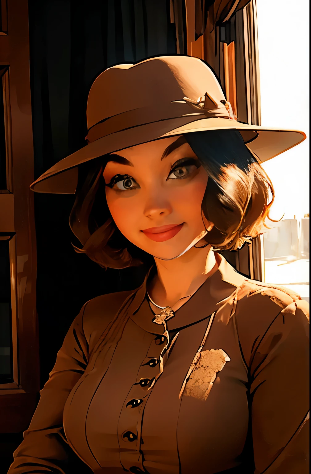 a woman in a brown dress and hat standing by a window, 1930s style clothing, dressed like in the 1940s, vintage fashion, vintage clothing, 1 9 2 0 s cloth style, brown clothes, 1 9 2 0 s clothes, vintage dress, classic portrait, portrait shot, victorian inspired clothing, 1 9 2 0 cloth style