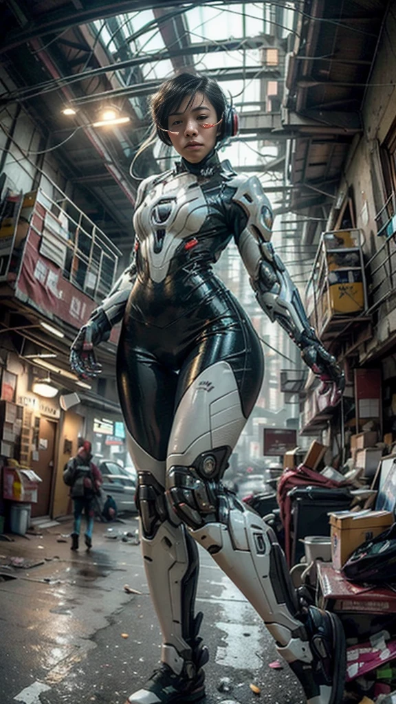 ((best quality)), ((masterpiece)), ((realistic)), (detailed), (photo-realistic:1.5), futuristic girl, (thick body), (white bodysuit), lights on armor, cybernetic headset, looking at viewer, dynamic pose, post-apocalyptic, destroyed city background, buildings on fire, sci-fi, high resolution, ray tracing, super resolution, subsurface scattering, PBR texturing, anisotropic filtering, depth of field, best sharpness and clarity, rule of thirds, 8K RAW, (luminous particles:1.4), (extremely detailed cg, unity 8k wallpaper, 3d, cinematic lighting, lens flare), reflection, sharp focus, cyberpunk art, cyberpunk architecture, moisturized skin, realistic body, (16 years old), (girl), (cute face), vivid colors, exciting atmosphere, unique, playful interaction, lively crowd, wind blowing, fantastic, dynamic, (fisheye lens), neon, cyberpunk movie, cyberpunk city, fight, war,