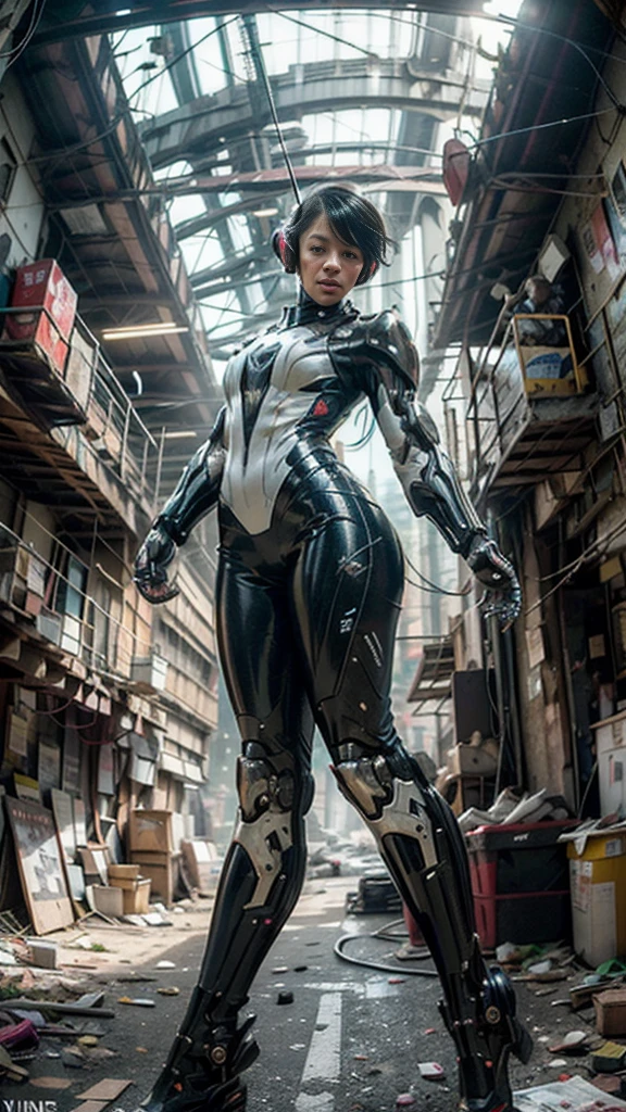 ((best quality)), ((masterpiece)), ((realistic)), (detailed), (photo-realistic:1.5), futuristic girl, (thick body), (white bodysuit), lights on armor, cybernetic headset, looking at viewer, dynamic pose, post-apocalyptic, destroyed city background, buildings on fire, sci-fi, high resolution, ray tracing, super resolution, subsurface scattering, PBR texturing, anisotropic filtering, depth of field, best sharpness and clarity, rule of thirds, 8K RAW, (luminous particles:1.4), (extremely detailed cg, unity 8k wallpaper, 3d, cinematic lighting, lens flare), reflection, sharp focus, cyberpunk art, cyberpunk architecture, moisturized skin, realistic body, (), (girl), (cute face), vivid colors, exciting atmosphere, unique, playful interaction, lively crowd, wind blowing, fantastic, dynamic, (fisheye lens), neon, cyberpunk movie, cyberpunk city, fight, war,