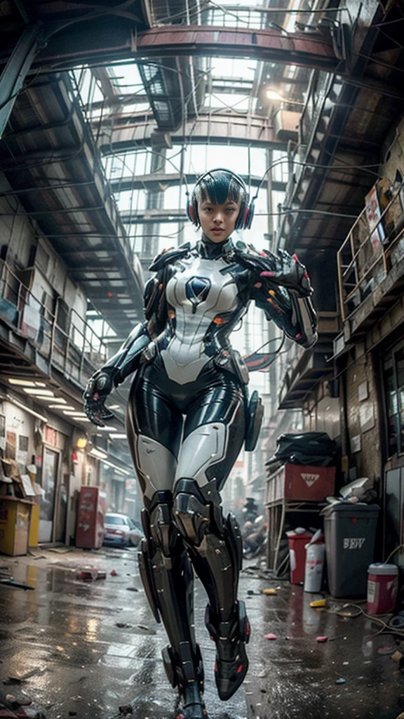 ((best quality)), ((masterpiece)), ((realistic)), (detailed), (photo-realistic:1.5), futuristic girl, (thick body), (white bodysuit), lights on armor, cybernetic headset, looking at viewer, dynamic pose, post-apocalyptic, destroyed city background, buildings on fire, sci-fi, high resolution, ray tracing, super resolution, subsurface scattering, PBR texturing, anisotropic filtering, depth of field, best sharpness and clarity, rule of thirds, 8K RAW, (luminous particles:1.4), (extremely detailed cg, unity 8k wallpaper, 3d, cinematic lighting, lens flare), reflection, sharp focus, cyberpunk art, cyberpunk architecture, moisturized skin, realistic body, (16 years old), (girl), (cute face), vivid colors, exciting atmosphere, unique, playful interaction, lively crowd, wind blowing, fantastic, dynamic, (fisheye lens), neon, cyberpunk movie, cyberpunk city, fight, war,
