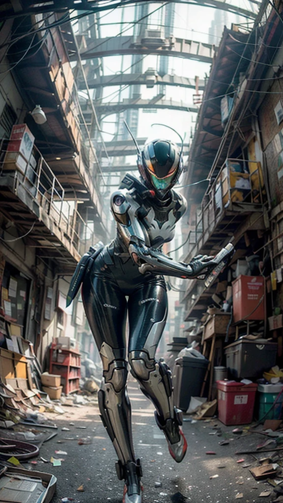 ((best quality)), ((masterpiece)), ((realistic)), (detailed), (photo-realistic:1.5), futuristic girl, (thick body), (white bodysuit), lights on armor, cybernetic headset, looking at viewer, dynamic pose, post-apocalyptic, destroyed city background, buildings on fire, sci-fi, high resolution, ray tracing, super resolution, subsurface scattering, PBR texturing, anisotropic filtering, depth of field, best sharpness and clarity, rule of thirds, 8K RAW, (luminous particles:1.4), (extremely detailed cg, unity 8k wallpaper, 3d, cinematic lighting, lens flare), reflection, sharp focus, cyberpunk art, cyberpunk architecture, moisturized skin, realistic body, (16 years old), (girl), (cute face), vivid colors, exciting atmosphere, unique, playful interaction, lively crowd, wind blowing, fantastic, dynamic, (fisheye lens), neon, cyberpunk movie, cyberpunk city, fight, war,
