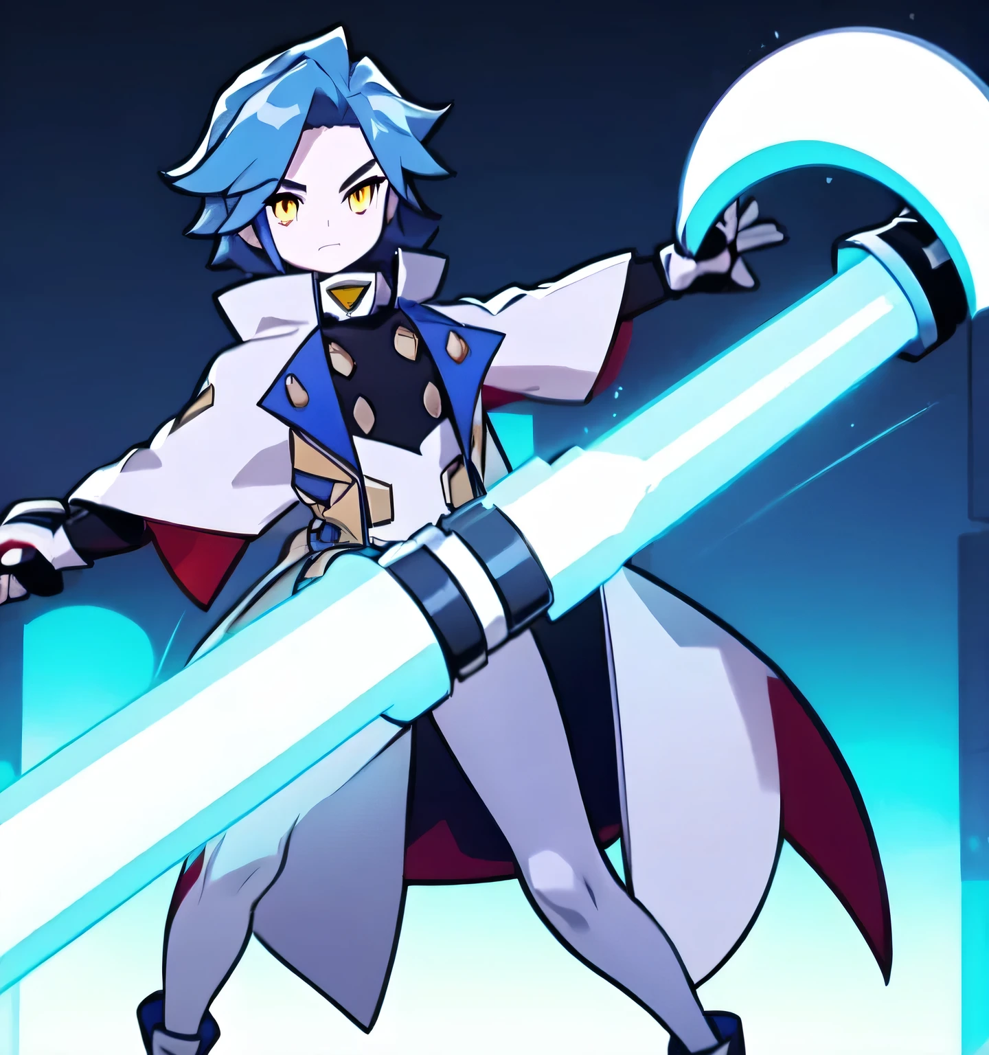 (Obra maestra, Mejor calidad 1.2), 1 hombre, Solo, Snow, Snow Smash Legends, full body, dark blue hair, yellow eyes, sitting, office background, white pants