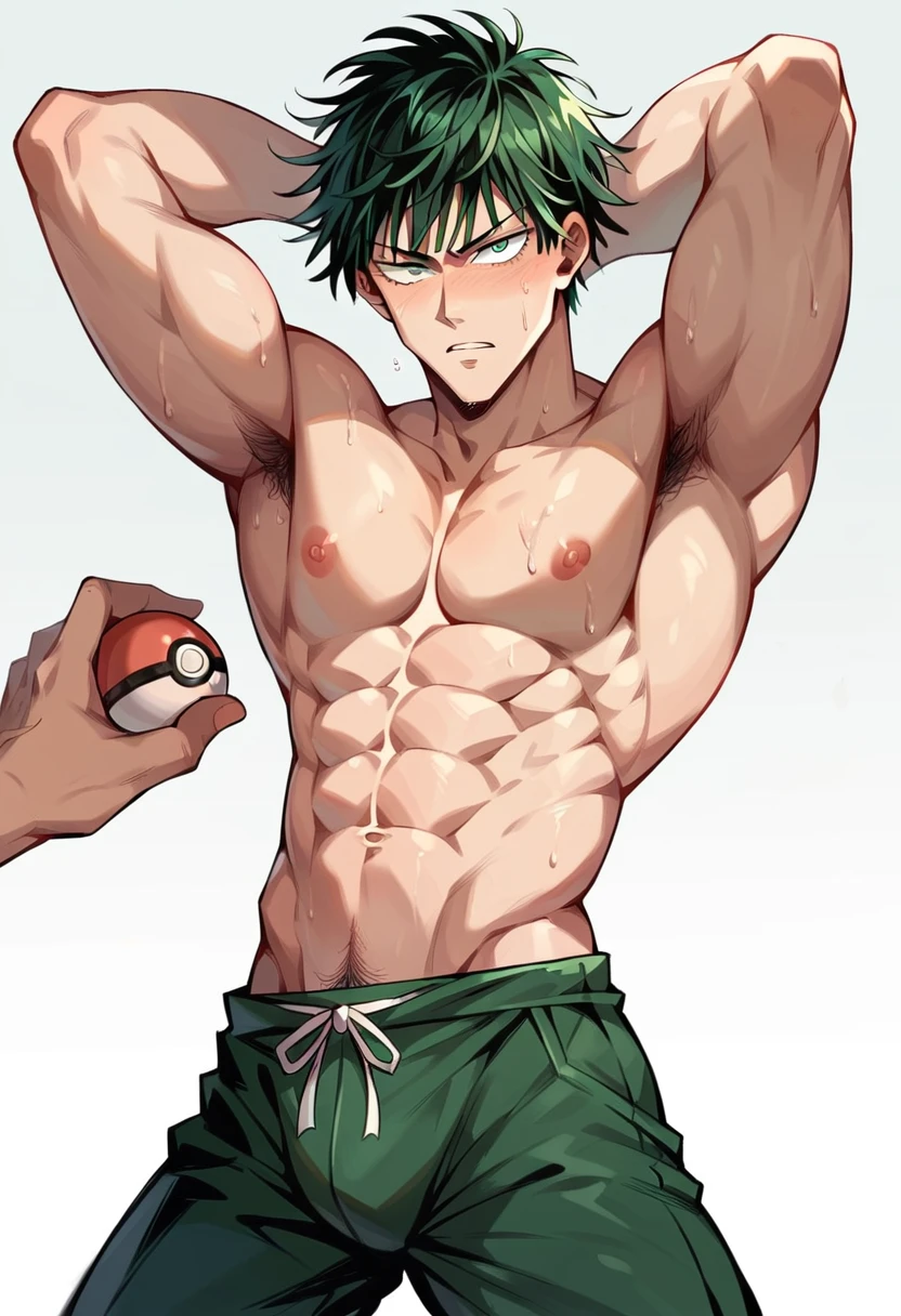 young boy, wolf ear, chiseled abs, chiseled pecs, sweating, (12 yo), (covered human ear:1.5), shaggy hair, human ear behind hair, hidden human ear, pants bulge