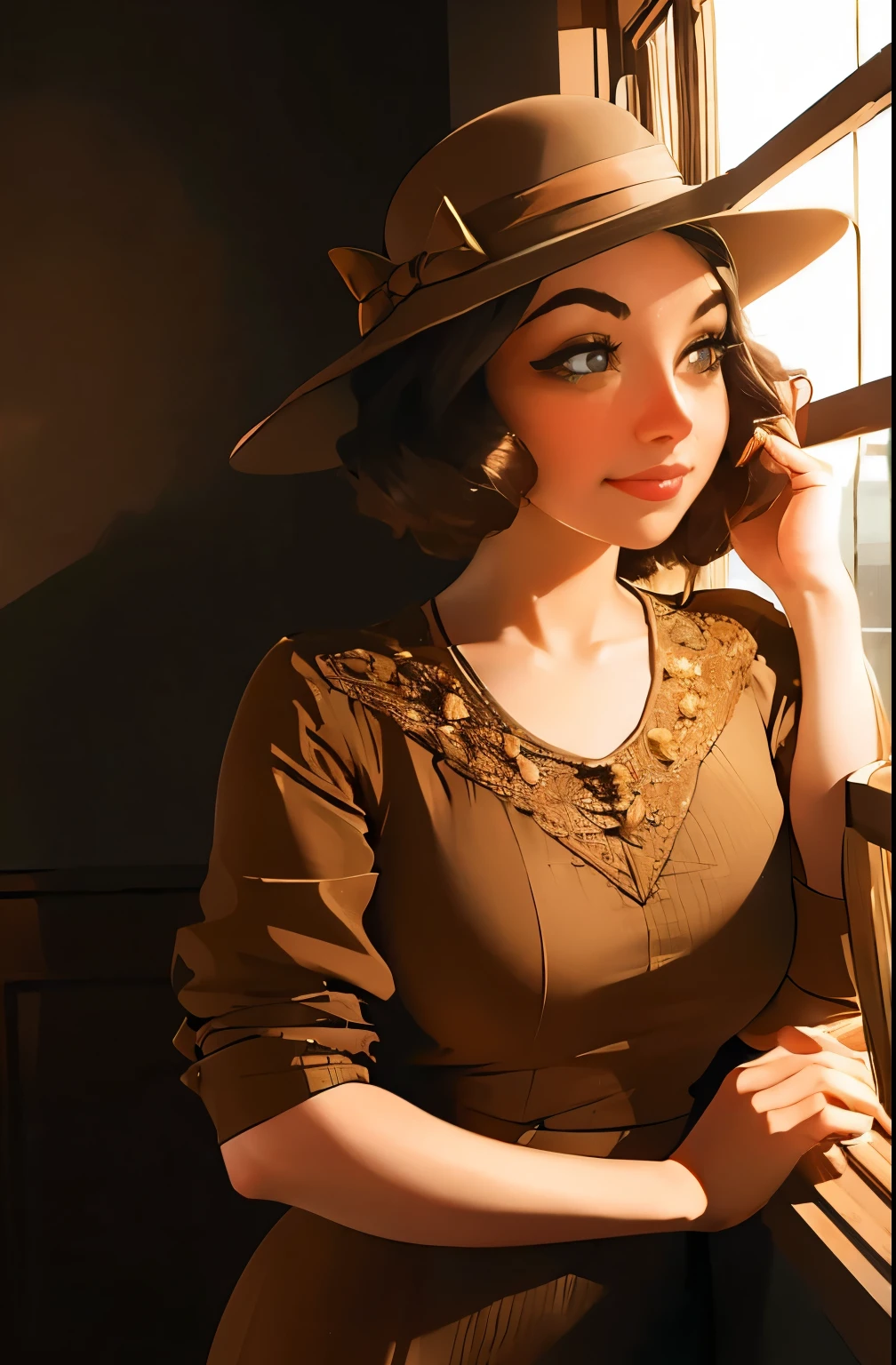 a woman in a brown dress and hat standing by a window, 1930s style clothing, dressed like in the 1940s, vintage fashion, vintage clothing, 1 9 2 0 s cloth style, brown clothes, 1 9 2 0 s clothes, vintage dress, classic portrait, portrait shot, victorian inspired clothing, 1 9 2 0 cloth style