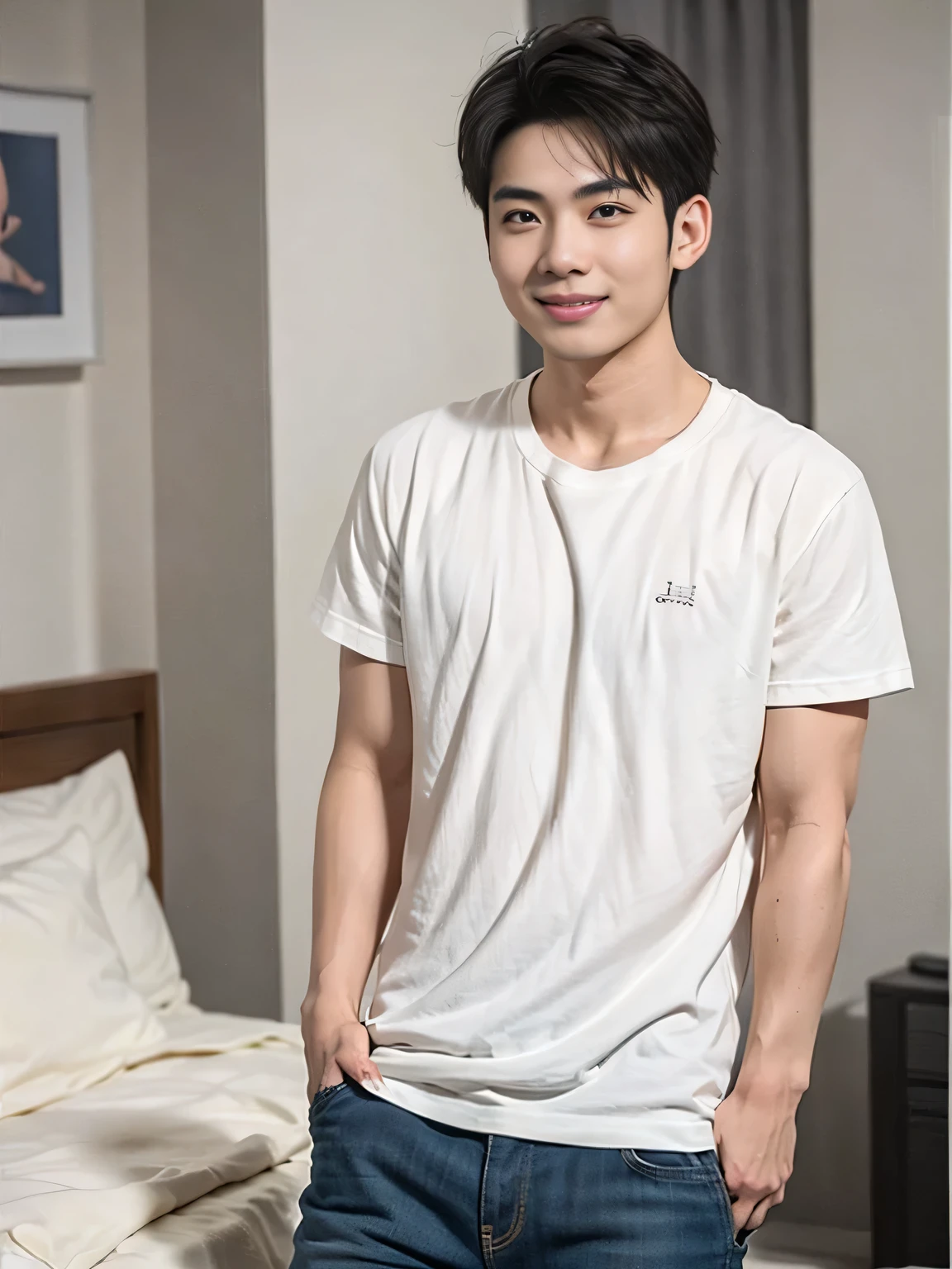 A young Asian man stands, handsome, detailed smile, muscular, looking at the camera. Wearing T-shirt., In a hotel room