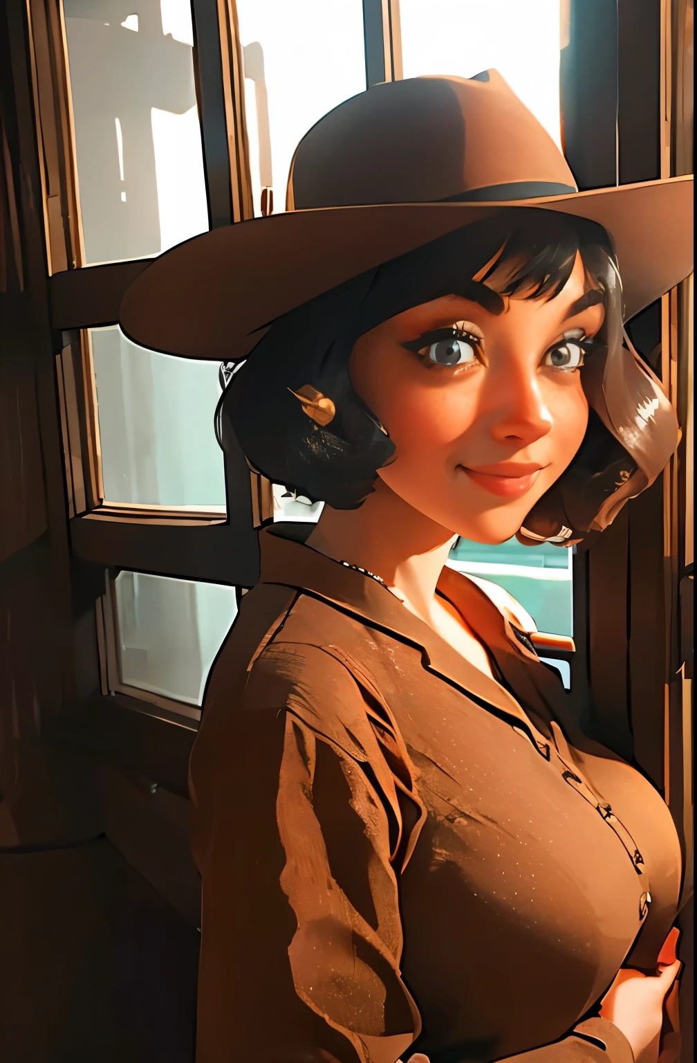 a woman in a brown dress and hat standing by a window, 1930s style clothing, dressed like in the 1940s, vintage fashion, vintage clothing, 1 9 2 0 s cloth style, brown clothes, 1 9 2 0 s clothes, vintage dress, classic portrait, portrait shot, victorian inspired clothing, 1 9 2 0 cloth style