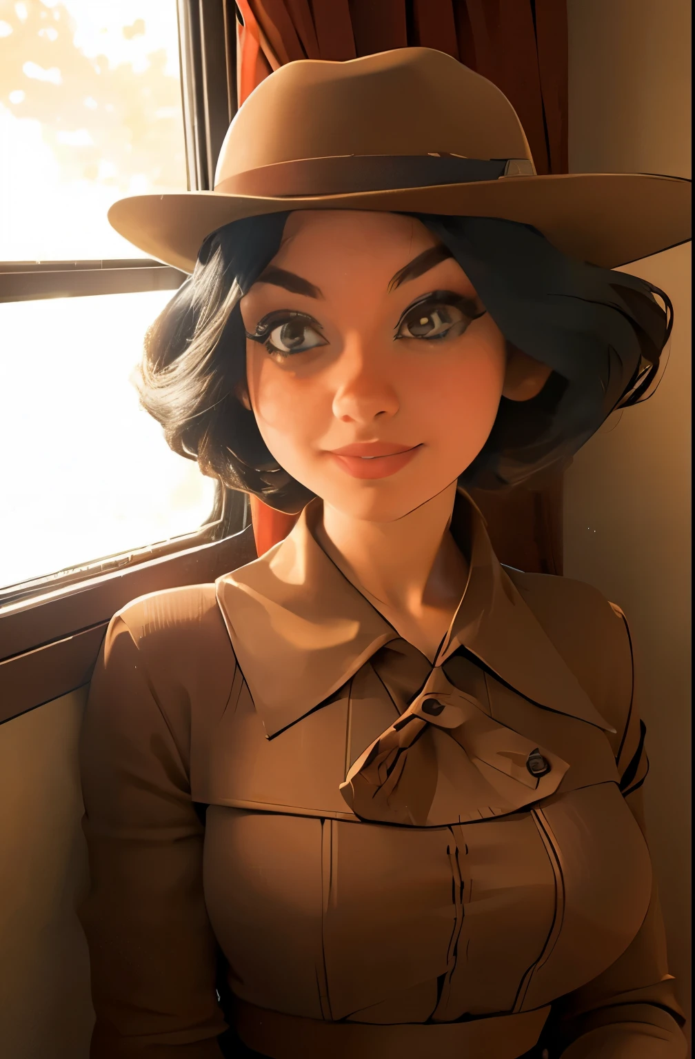 a woman in a brown dress and hat standing by a window, 1930s style clothing, dressed like in the 1940s, vintage fashion, vintage clothing, 1 9 2 0 s cloth style, brown clothes, 1 9 2 0 s clothes, vintage dress, classic portrait, portrait shot, victorian inspired clothing, 1 9 2 0 cloth style