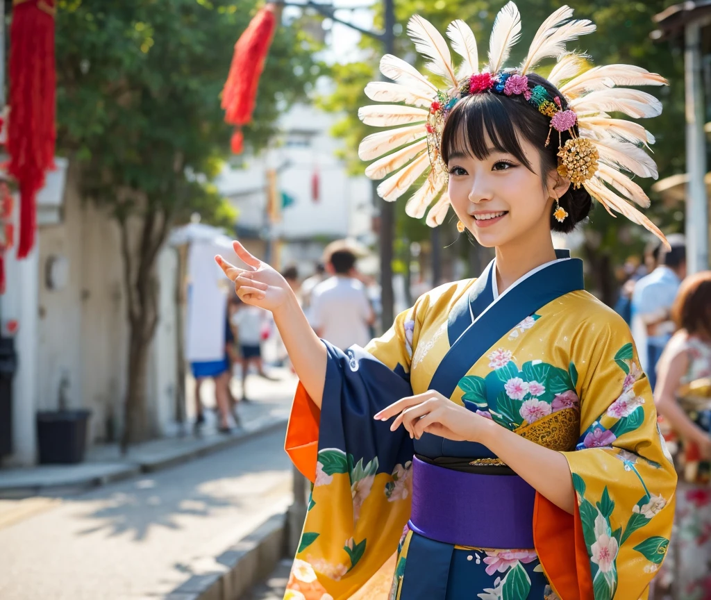 A beautiful woman in a kimono dancing with samba feathers on her head。