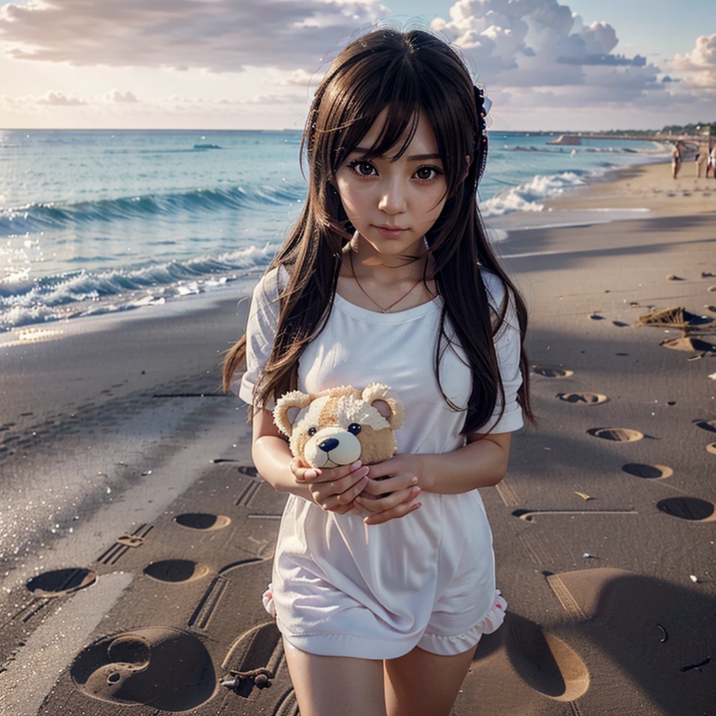 There is a woman carrying a teddy bear on the beach, Photo realistic kawaii, cute anime girl, Anime picture of a cute girl, Smooth anime CG art, A work of art in the Quwaiz style, portrait of cute anime girl, Nice picture, Beautiful anime picture, Beautiful anime girl, cute anime girl portrait, Realistic anime in 3D style