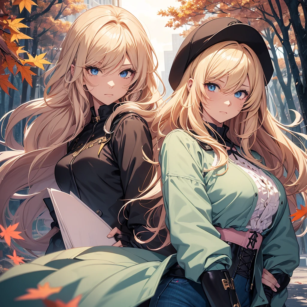 Illustration of a young, female teacher in an anime style. She has long, wavy blonde hair with pink highlights, wearing a light blue, ruffled blouse and a black corset over skinny tight jeans the color of a dark green. She is wearing black riding boots. Her expression is serious and slightly surprised. She has blue eyes and extends her hand forward holding a blue book with golden characters on the cover. The background shows a landscape transitioning from autumn to winter, with trees bearing both colorful autumn leaves and frosty branches, under a chilly, overcast sky.