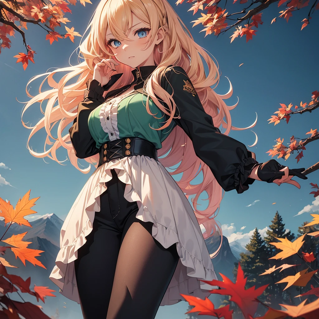 Illustration of a young, female teacher in an anime style. She has long, wavy blonde hair with pink highlights, wearing a light blue, ruffled blouse and a black corset over skinny tight jeans the color of a dark green. She is wearing black riding boots. Her expression is serious and slightly surprised. She has blue eyes and extends her hand forward holding a blue book with golden characters on the cover. The background shows a landscape transitioning from autumn to winter, with trees bearing both colorful autumn leaves and frosty branches, under a chilly, overcast sky.