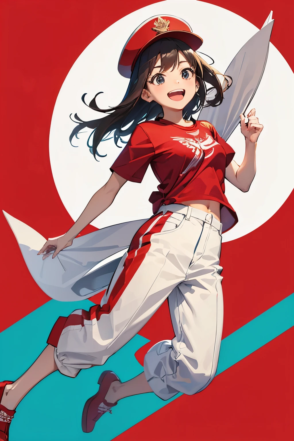 A girl is laughing excitedly, wearing a red shirt, wearing white pants, wearing a hat with a picture of an Garuda, holding an Indonesian flag, full body capture
