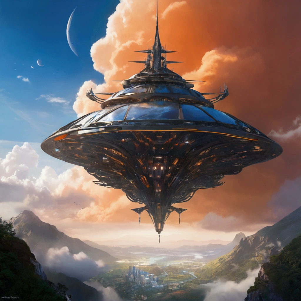 Concept Art、Science Fiction、((Inspired by Tomasz Jedruszek )), half-mechanical、eden, Sky mountain view, Orange cloud. 8k、High Detail、masterpiece、