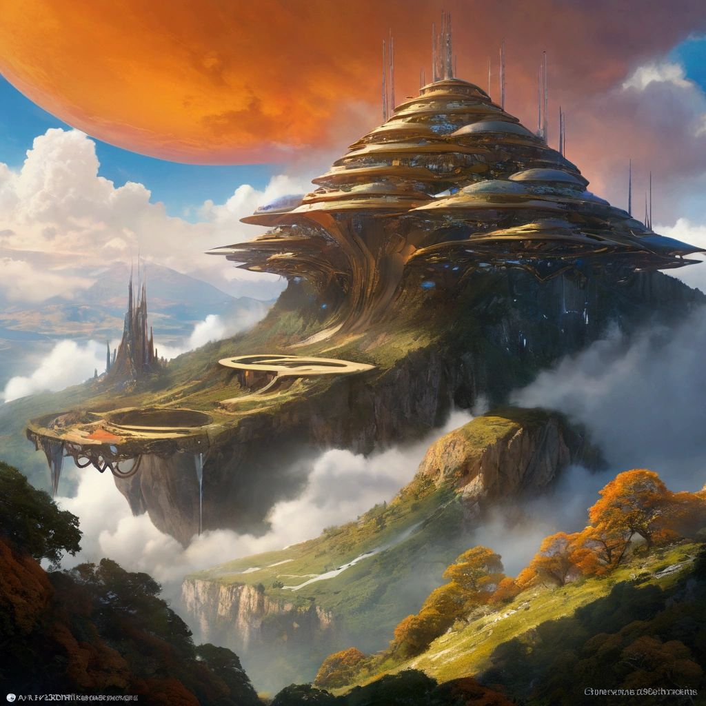 Concept Art、Science Fiction、((Inspired by Tomasz Jedruszek )), half-mechanical、eden, Sky mountain view, Orange cloud. 8k、High Detail、masterpiece、