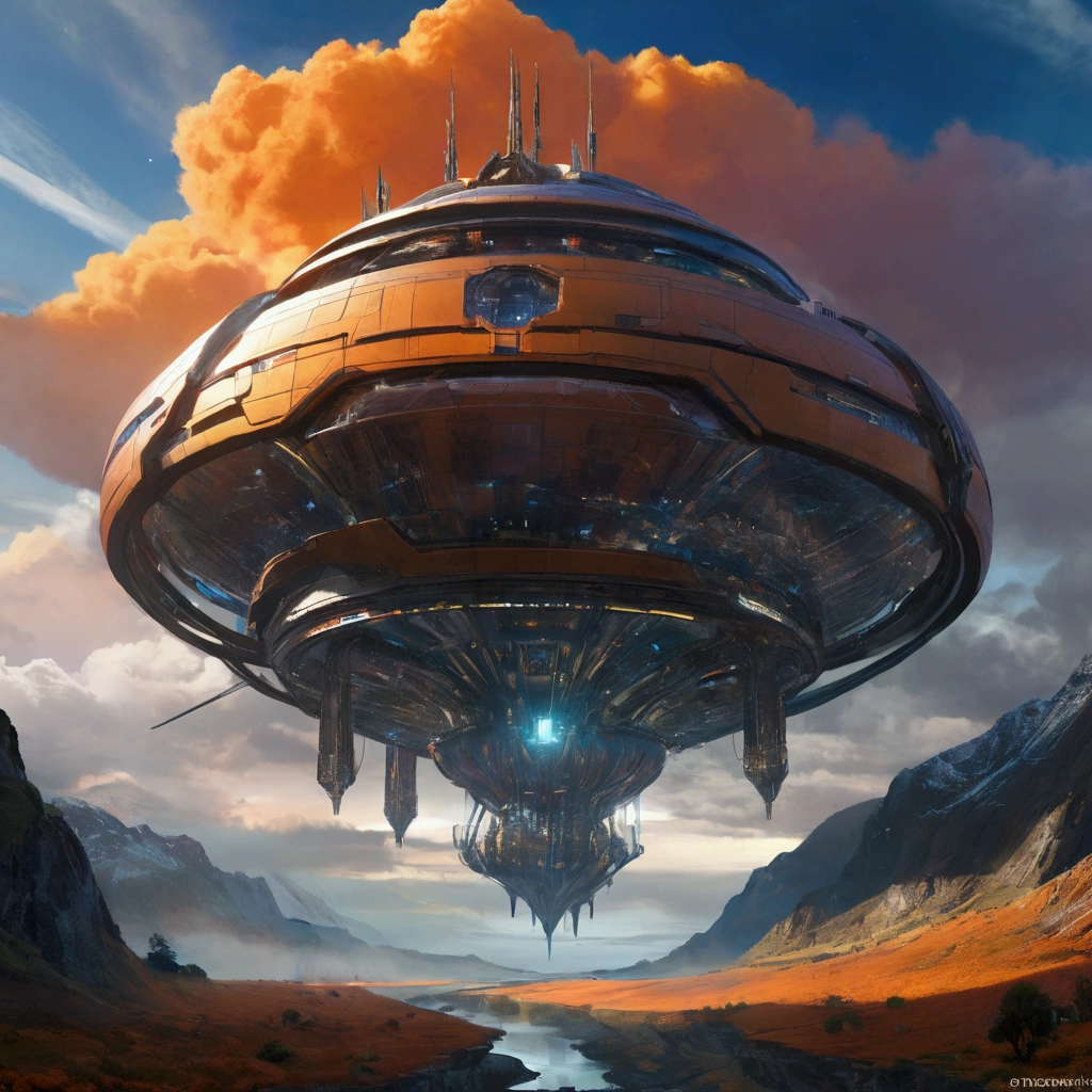 Concept Art、Science Fiction、((Inspired by Tomasz Jedruszek )), half-mechanical、eden, Sky mountain view, Orange cloud. 8k、High Detail、masterpiece、