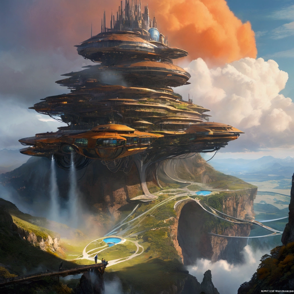 Concept Art、Science Fiction、((Inspired by Tomasz Jedruszek )), half-mechanical、eden, Sky mountain view, Orange cloud. 8k、High Detail、masterpiece、