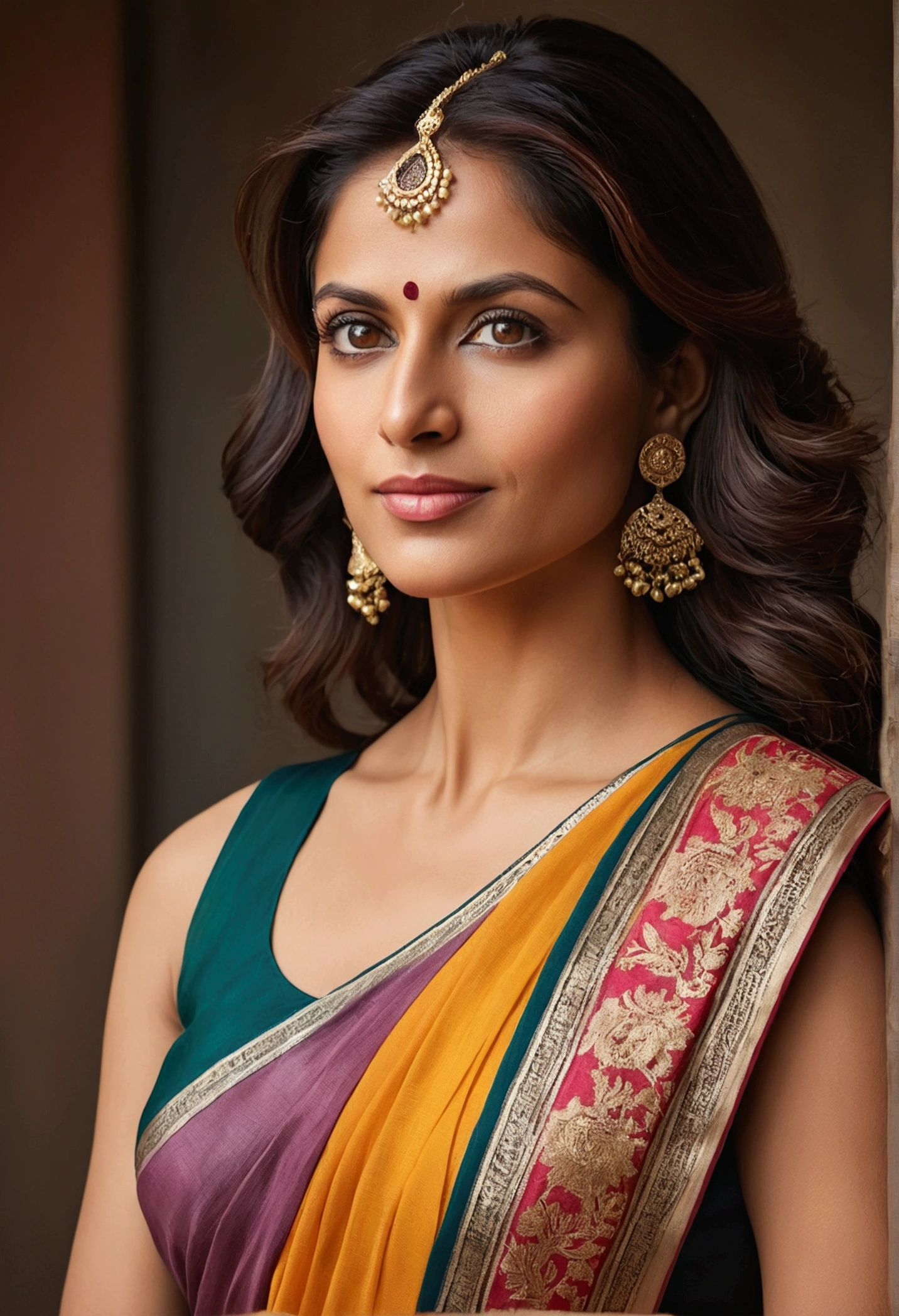 Vertical portrait of a stunning Indian caucasian in her 30s, dressed in a sun-kissed multicolor saree, exuding confidence and determination. Her Trendsetter wolf-cut brown hair falls softly around her face, framing her striking features. Julianne Arrieta-esque charm radiates from her soft smile and full lips, which seem to hint at a thousand secrets. Her black eyes gleam with intensity, as if plotting the next big move in the corporate world - she's a CEO, after all. The sleek, modern composition is set against a smooth, colorized background, emphasizing her sharp jawline and chiseled features. Every detail, from the subtle highlights on her hair to the delicate folds of her saree, is rendered with hyper-realistic precision, making this digital art piece truly breathtaking.