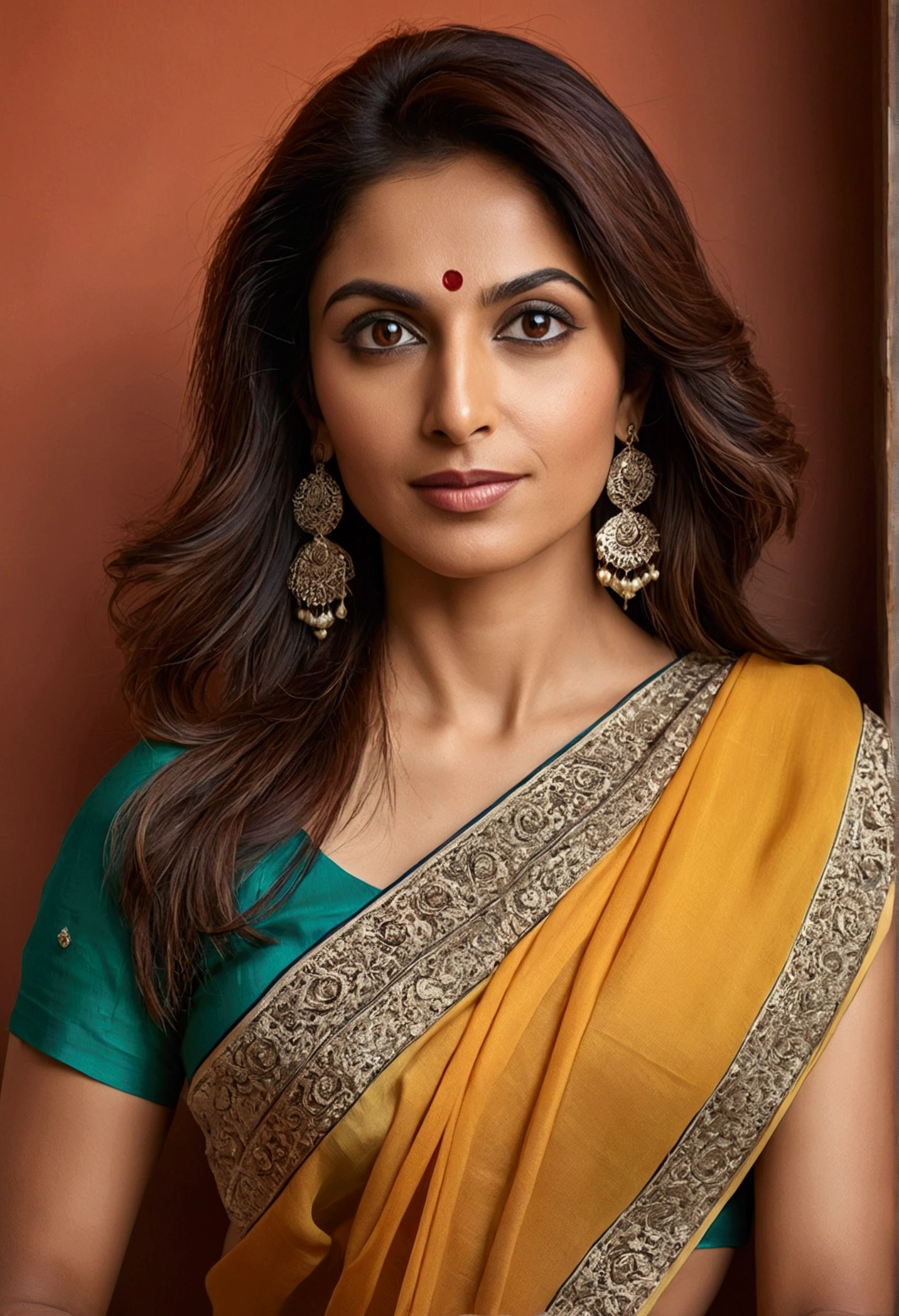 Vertical portrait of a stunning Indian caucasian in her 30s, dressed in a sun-kissed multicolor saree, exuding confidence and determination. Her Trendsetter wolf-cut brown hair falls softly around her face, framing her striking features. Julianne Arrieta-esque charm radiates from her soft smile and full lips, which seem to hint at a thousand secrets. Her black eyes gleam with intensity, as if plotting the next big move in the corporate world - she's a CEO, after all. The sleek, modern composition is set against a smooth, colorized background, emphasizing her sharp jawline and chiseled features. Every detail, from the subtle highlights on her hair to the delicate folds of her saree, is rendered with hyper-realistic precision, making this digital art piece truly breathtaking.