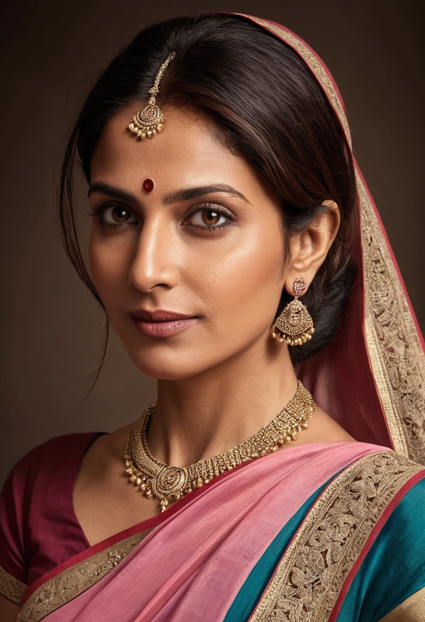 Vertical portrait of a stunning Indian caucasian in her 30s, dressed in a sun-kissed multicolor saree, exuding confidence and determination. Her Trendsetter wolf-cut brown hair falls softly around her face, framing her striking features. Julianne Arrieta-esque charm radiates from her soft smile and full lips, which seem to hint at a thousand secrets. Her black eyes gleam with intensity, as if plotting the next big move in the corporate world - she's a CEO, after all. The sleek, modern composition is set against a smooth, colorized background, emphasizing her sharp jawline and chiseled features. Every detail, from the subtle highlights on her hair to the delicate folds of her saree, is rendered with hyper-realistic precision, making this digital art piece truly breathtaking.