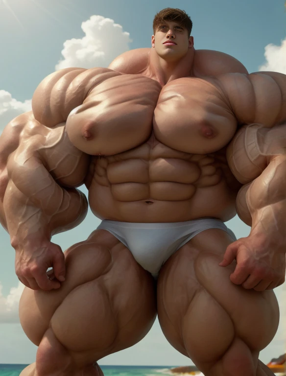 1boy, giant, alone, giant bodybuilder, illuminating light, strong body, bulk, large size, standing on the palms beach, nude, white triangular underwear, thick bulge, extraordinary big, brutalmass, giant muscular body, bulk, buff, massive body, large meaty body size, extremely wide body