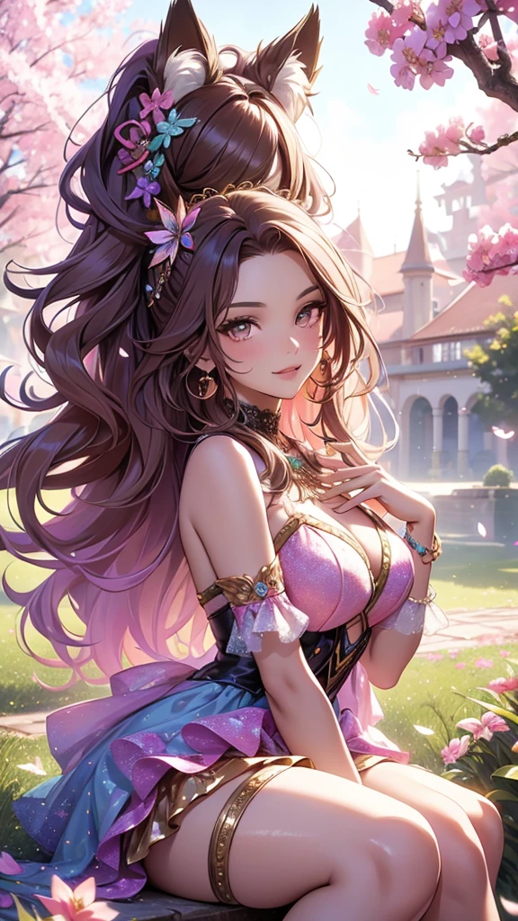 (best quality,4k,8k,highres,masterpiece:1.2),ultra-detailed,(realistic,photorealistic,photo-realistic:1.37),acrylic painting,beautiful Brazilian model in a Lolita dress with downy hair,beautiful Brazilian model with extremely colorful brown hair and detailed facial features,beautiful Brazilian model standing in a beautiful garden surrounded by a starry sky,brown hair,beautiful Brazilian model wearing a vibrant pink and teal Lolita dress,beautiful Brazilian model with intricate accessories,cat ears,beautiful Brazilian model posing gracefully with her hands on her hips,beautiful Brazilian model with long flowing twintails,beautiful Brazilian model with bright brown eyes and rosy lips,beautiful Brazilian model with a joyful expression,beautiful Brazilian model in a dynamic pose with cherry blossoms falling around her,beautiful Brazilian model surrounded by colorful flowers and butterflies,beautiful Brazilian model's dress adorned with cute bows and lace details,beautiful Brazilian model with an enchanting smile,beautiful Brazilian model with soft, pastel-colored shading,beautiful Brazilian model with a magical glow illuminating her,beautiful Brazilian model in a picturesque setting with a winding path leading to a magnificent castle,beautiful Brazilian model with a fairytale-like background,beautiful Brazilian model with a soft, dreamy atmosphere,beautiful Brazilian model with a subtle bokeh effect,beautiful Brazilian model standing under a sunny sky,beautiful Brazilian model with a warm, golden sunset in the background,beautiful Brazilian model surrounded by twinkling stars and colorful nebulae,creating an ethereal and captivating artistic masterpiece, sitting down. 