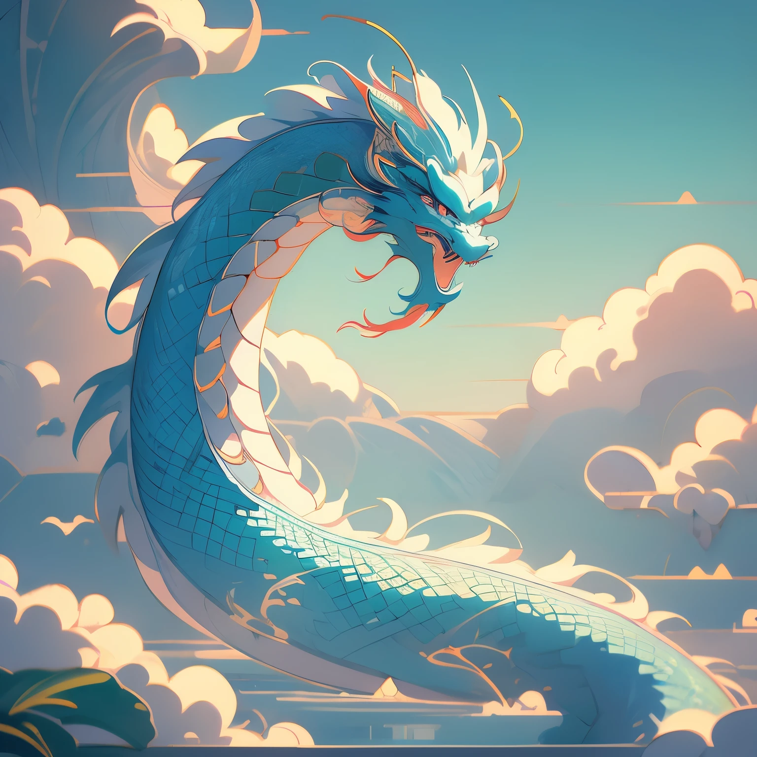 chinese dragon painting on a wall, a detailed painting by Russell Dongjun Lu, tumblr, psychedelic art, highly intricate and colorful, dragon art, majestic japanese dragon, dragon in the sky, lung dragon, chinese dragon, ✏️🎨, a dragon made of clouds, very detailed and colorful, cyan chinese dragon fantasy, chinese fantasy, oil painting of dragon