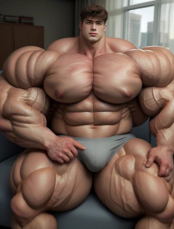 1boy, giant, giant bodybuilder, stand, warm light, strong body, bulk, large size, staring, sitting on couch in the plush dorm room, open legs, nude, gray triangular underwear, prominent bulge, extraordinary big, brutalmass, giant, muscular body, bulk, buff, massive body, large meaty body size, extremely wide body