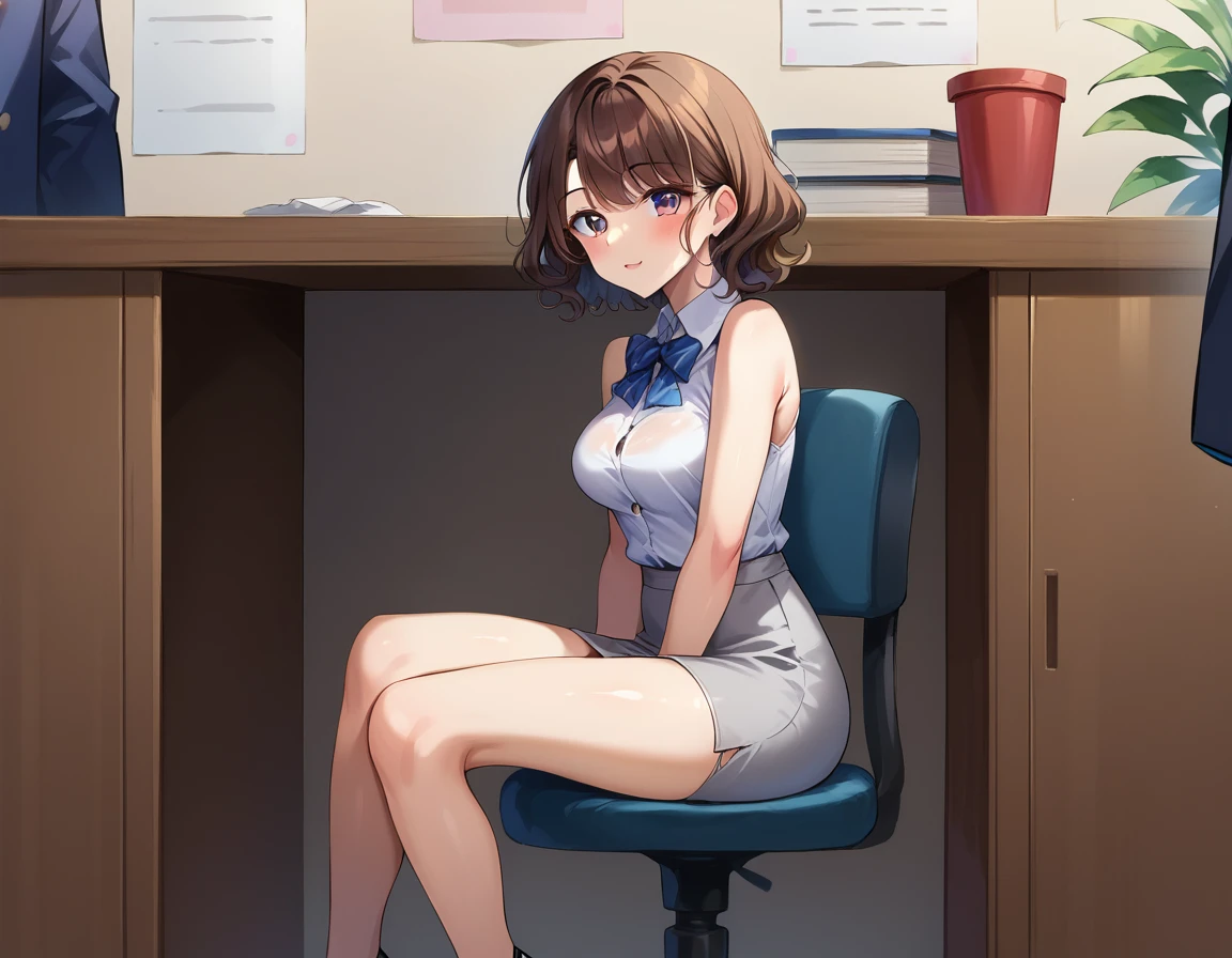 score_9, score_8_up, score_7_up, score_6_up, BREAK, 1boy, 50yo, tall, average body, business suit, (sitting, out of frame:1.4), BREAK 1girl, 30yo, female, short, slender slutty girl, brunette, wavy hair, cute and mature, wearing (tight grey skirt:1.1), (tight white sleeveless blouse:1.2), (black high heels:1.0), (medium breasts, shoulder length hair:1.5), BREAK, luxury office, large CEO table, (under table:1.3), perfect proportions.