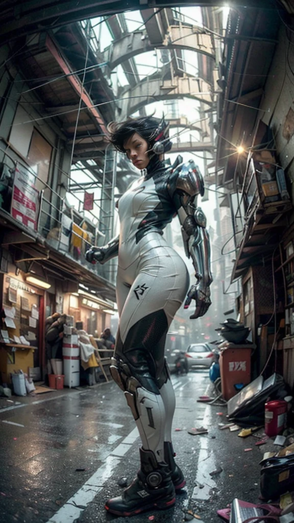 ((best quality)), ((masterpiece)), ((realistic)), (detailed), (photo-realistic:1.5), futuristic girl, (thick body), (white bodysuit), lights on armor, cybernetic headset, looking at viewer, dynamic pose, post-apocalyptic, destroyed city background, buildings on fire, sci-fi, high resolution, ray tracing, super resolution, subsurface scattering, PBR texturing, anisotropic filtering, depth of field, best sharpness and clarity, rule of thirds, 8K RAW, (luminous particles:1.4), (extremely detailed cg, unity 8k wallpaper, 3d, cinematic lighting, lens flare), reflection, sharp focus, cyberpunk art, cyberpunk architecture, moisturized skin, realistic body, (), (girl), (cute face), vivid colors, exciting atmosphere, unique, playful interaction, lively crowd, wind blowing, fantastic, dynamic, (fisheye lens), neon, cyberpunk movie, cyberpunk city, fight, war,