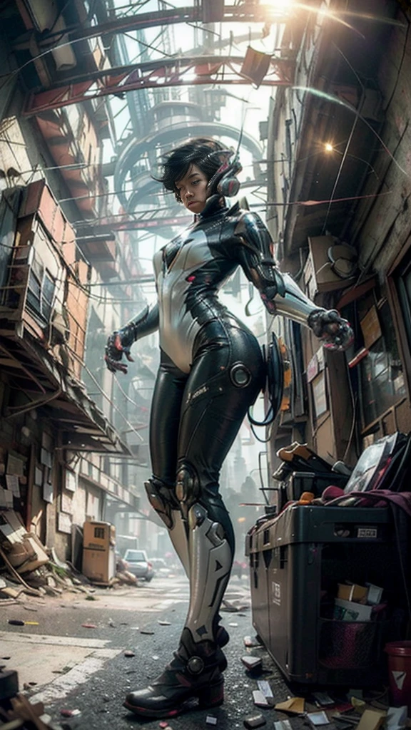 ((best quality)), ((masterpiece)), ((realistic)), (detailed), (photo-realistic:1.5), futuristic girl, (thick body), (white bodysuit), lights on armor, cybernetic headset, looking at viewer, dynamic pose, post-apocalyptic, destroyed city background, buildings on fire, sci-fi, high resolution, ray tracing, super resolution, subsurface scattering, PBR texturing, anisotropic filtering, depth of field, best sharpness and clarity, rule of thirds, 8K RAW, (luminous particles:1.4), (extremely detailed cg, unity 8k wallpaper, 3d, cinematic lighting, lens flare), reflection, sharp focus, cyberpunk art, cyberpunk architecture, moisturized skin, realistic body, (16 years old), (girl), (cute face), vivid colors, exciting atmosphere, unique, playful interaction, lively crowd, wind blowing, fantastic, dynamic, (fisheye lens), neon, cyberpunk movie, cyberpunk city, fight, war,