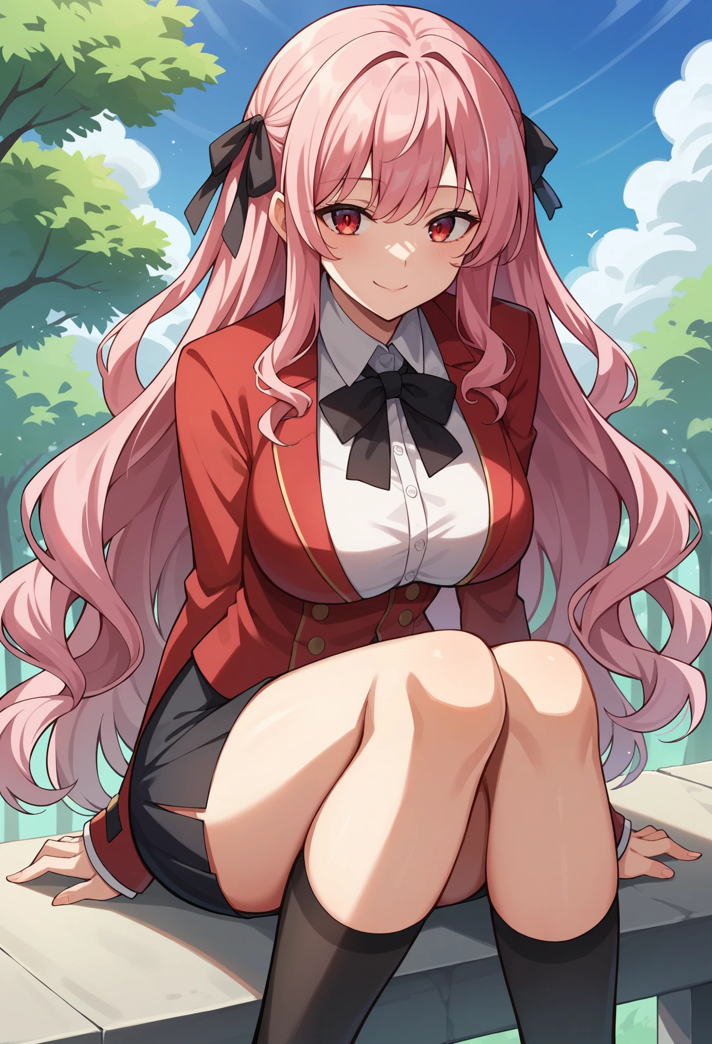 (masterpiece:1.2, Highest quality),(Anime Style),Visible from the knees to the head, girl,Red Eyes,Tree Eyes,smile,Very light pink hair,Bangs,Cropped bangs,Curly Hair,Long Hair,Black ribbon accessories, Quite large breasts, Black mini skirt,金色の縁取りのRed blazer,(Red blazer),uniform