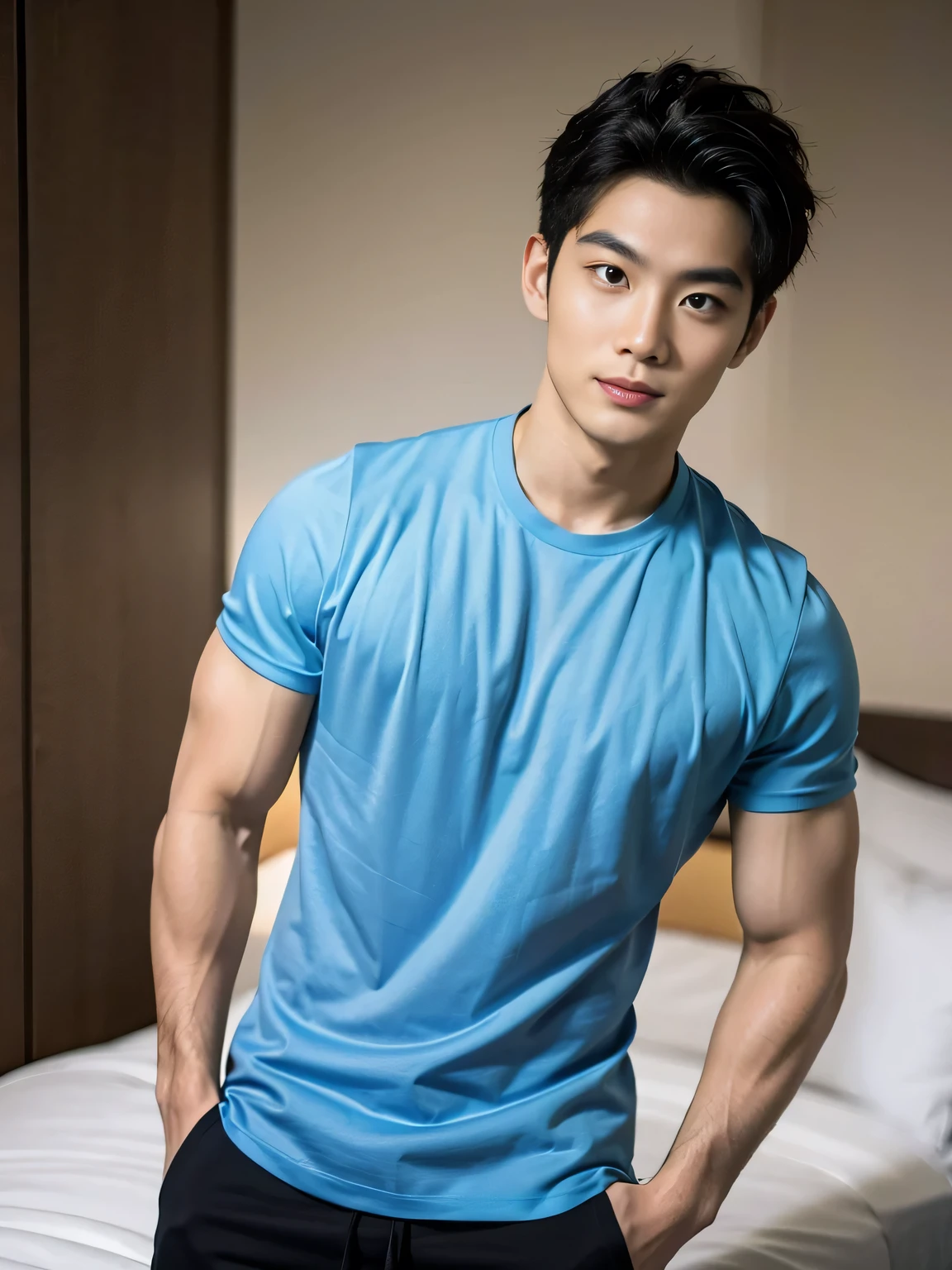 A young Asian man stands, handsome, detailed smirk, muscular, looking at the camera. Wearing tight T-shirt, In a hotel room