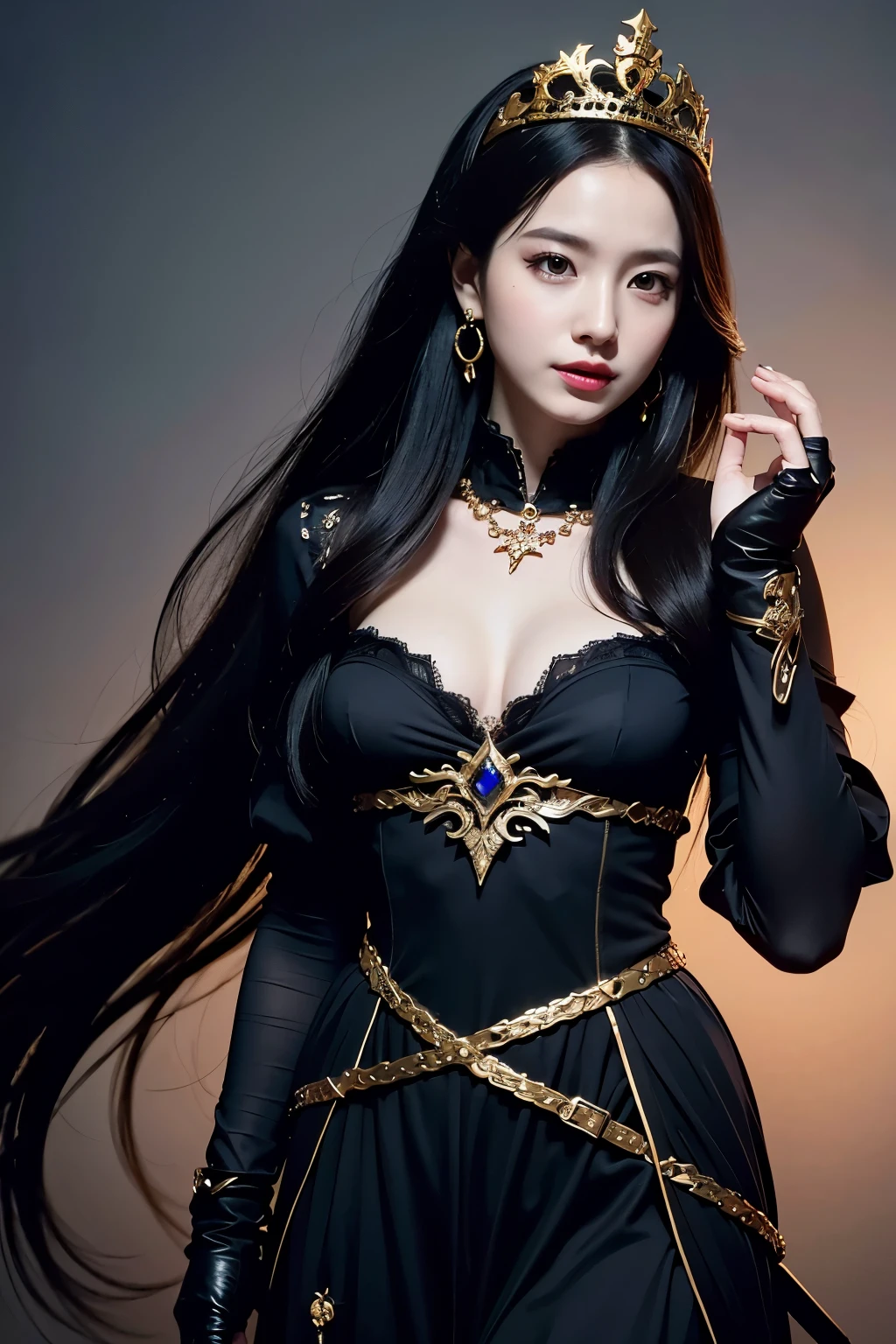 8k,とてもSmall breasts,Long black hair,Close-up of a woman in a black evil god costume holding a one-handed sword, Beautiful fantasy empress, ((Beautiful fantasy empress)), Small breasts , Very detailed, Very detailed , Up to the model | Types of bacteria, Trending on cgstation, Pan Zhenwei Art Station, Gorgeous black cloak,Ultra-high resolution,Ultra-Realistic Skin,Beautiful expression,Fantasy art,Laughter(Like the real thing),非常にSmall breasts ,Straight hair,Golden Eyes,black gemstone earrings,black gemstone necklace,Luxurious black gauntlets,Black lipstick,Black eyeshadow,Evil God Makeup,Dynamic fighting pose,Rich colors, Backlight, Cinema Lighting, Film Grain, to be born, 50mm lens, Nikon D850,Compensate,View your audience,Toned, muscular lower body,Muscular Beauty,compensate,Big smile,Gorgeous black and gold long skirt,