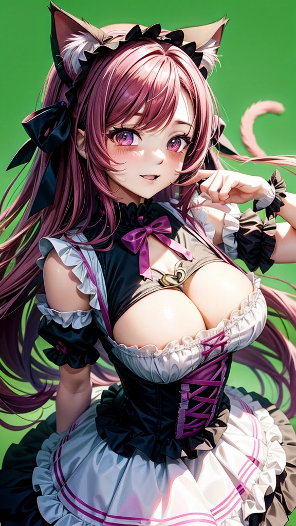 Magenta hair, brown eyes, older woman, long thick hair, hair ornaments, happy, cat ears, sexy ta dress outfit, pink and green backgrounds, pose, abstract background, lolioutfits