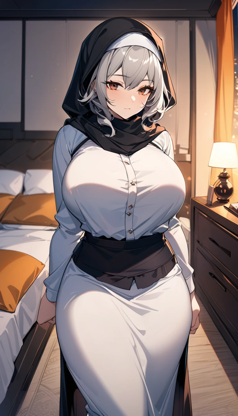 Talulah(Arknights),grey hair,curvy body, wearing clothes(Muslim attire),wears headscarf(hijab),bedroom, night setting,close view.