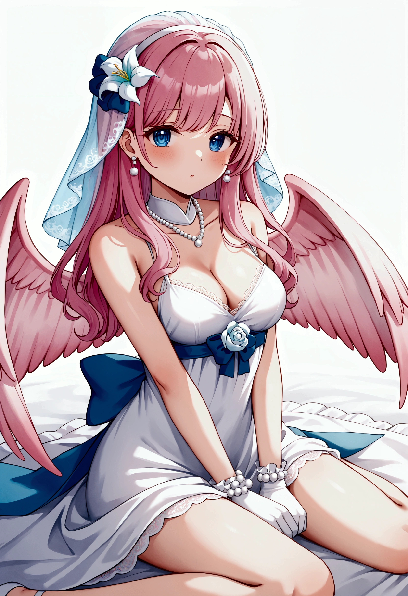 ultra detailed,highres, {{{watercolor (medium)}}},aqua veil,pink hair,white dress, exposed dress ,lace,blue eyes,beautiful detailed eyes,medium breasts, pearl bracelet, sitting on floor,{{{lily background}}},silk gloves,white gloves,white pink wings,eyelashes,hollow eyes, pearl arm ribbon,{{lily (flower),}}